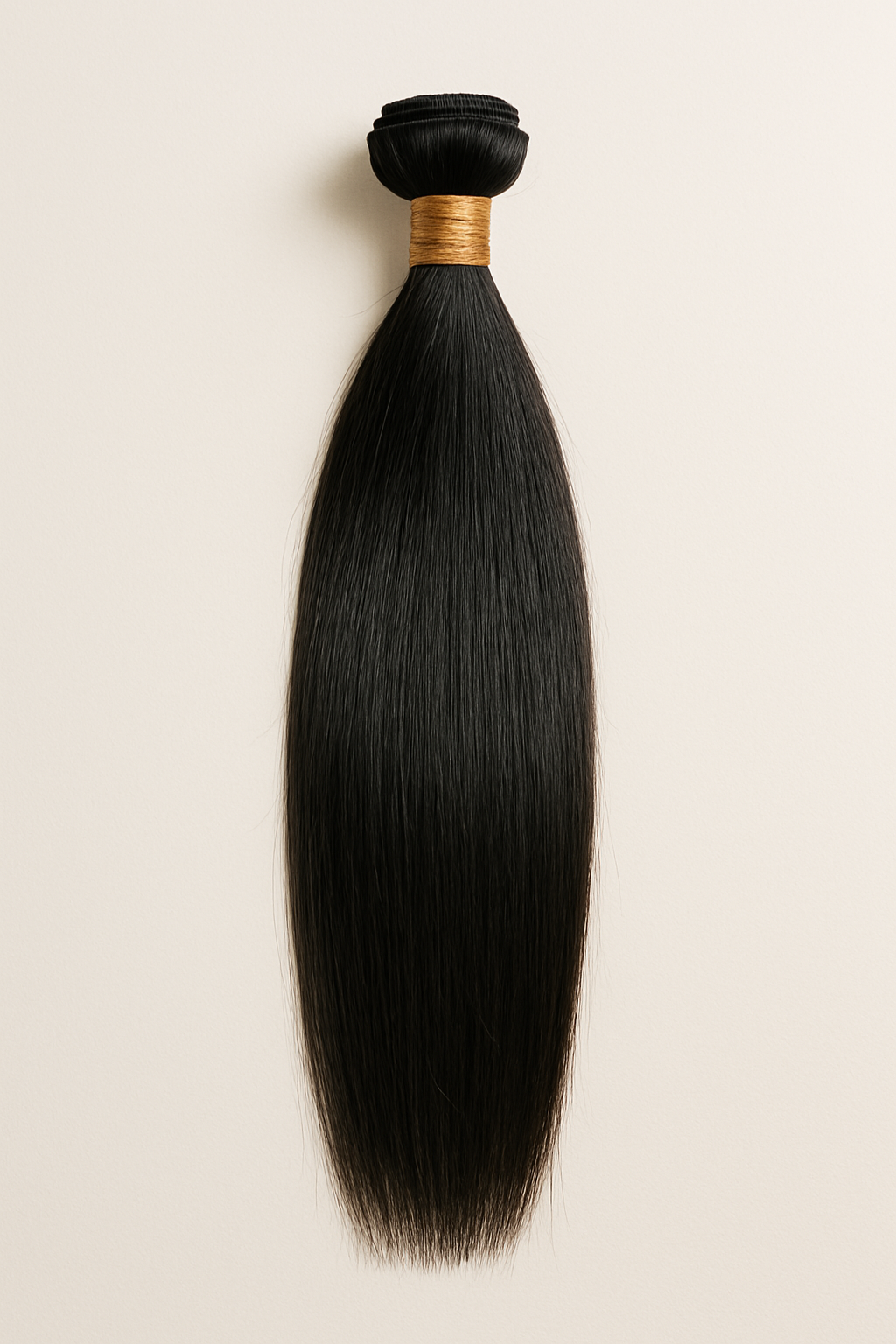 Close-up of a bundle of straight, shiny black hair with a gold-colored band around the top, set against a plain light background.