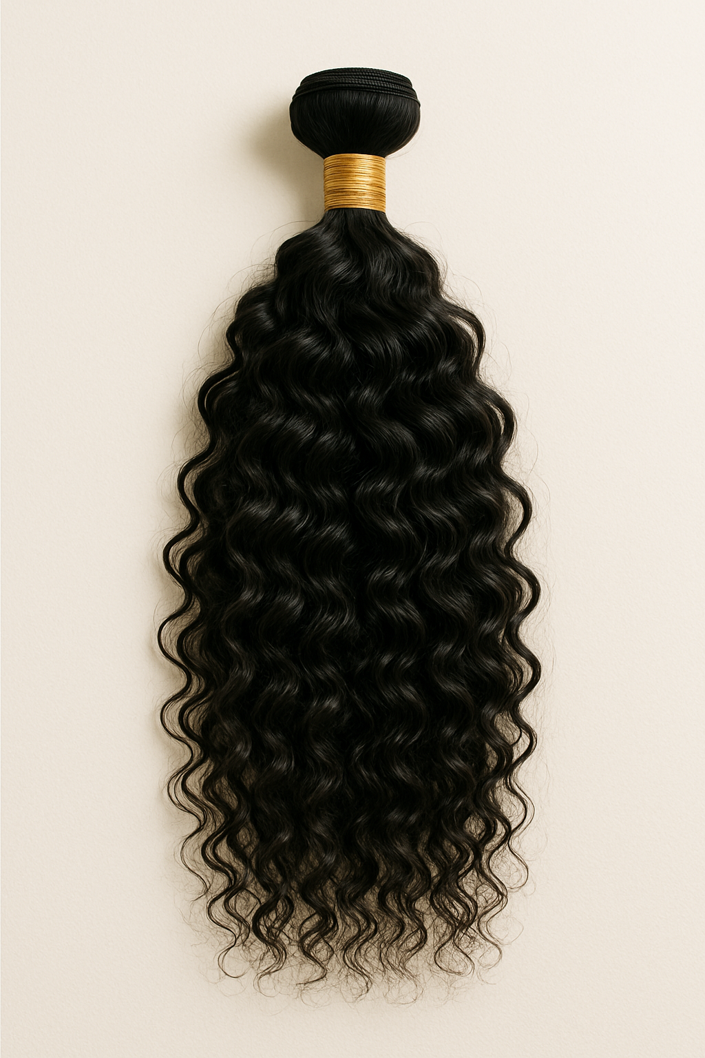 A bundle of long, black, wavy hair extensions with a gold band near the top, hanging against a plain light-colored background.