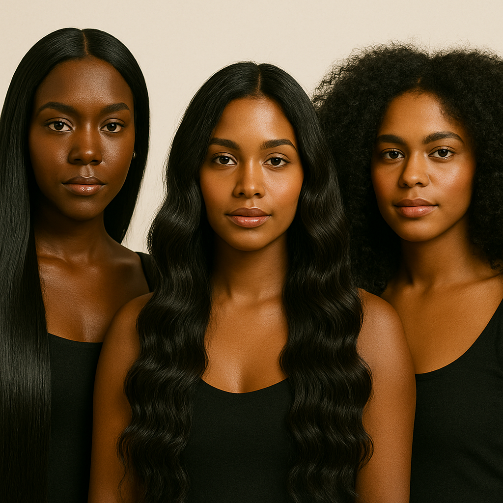Three women with curly and straight black hair, wearing black tops, facing forward in a portrait against a neutral background.
