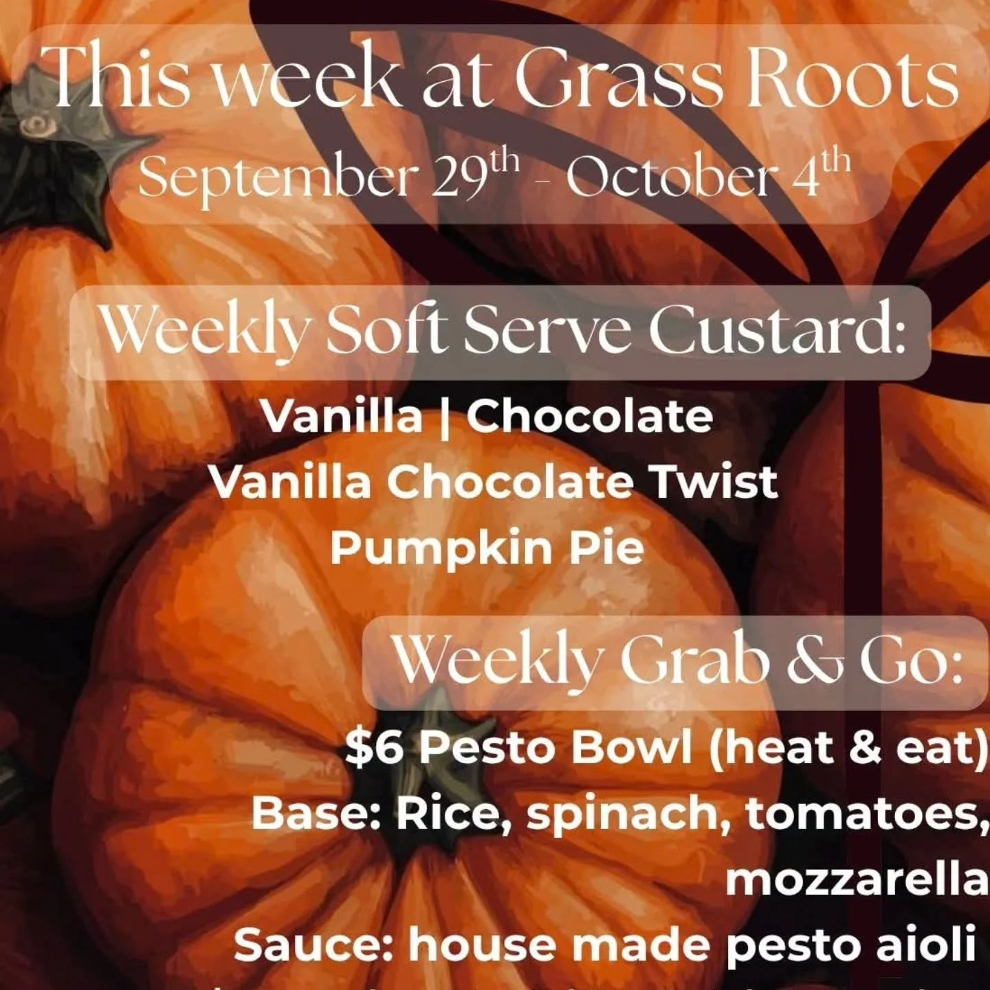 October is looming! 👻

SHE'S BACKKK... 🎃 Pumpkin Pie Custard will be swirling all week (and we'll make some pie crust crumbles to go along with it).

We're making single Grab &amp; Go's available Tuesday through Fridays and to start off this change