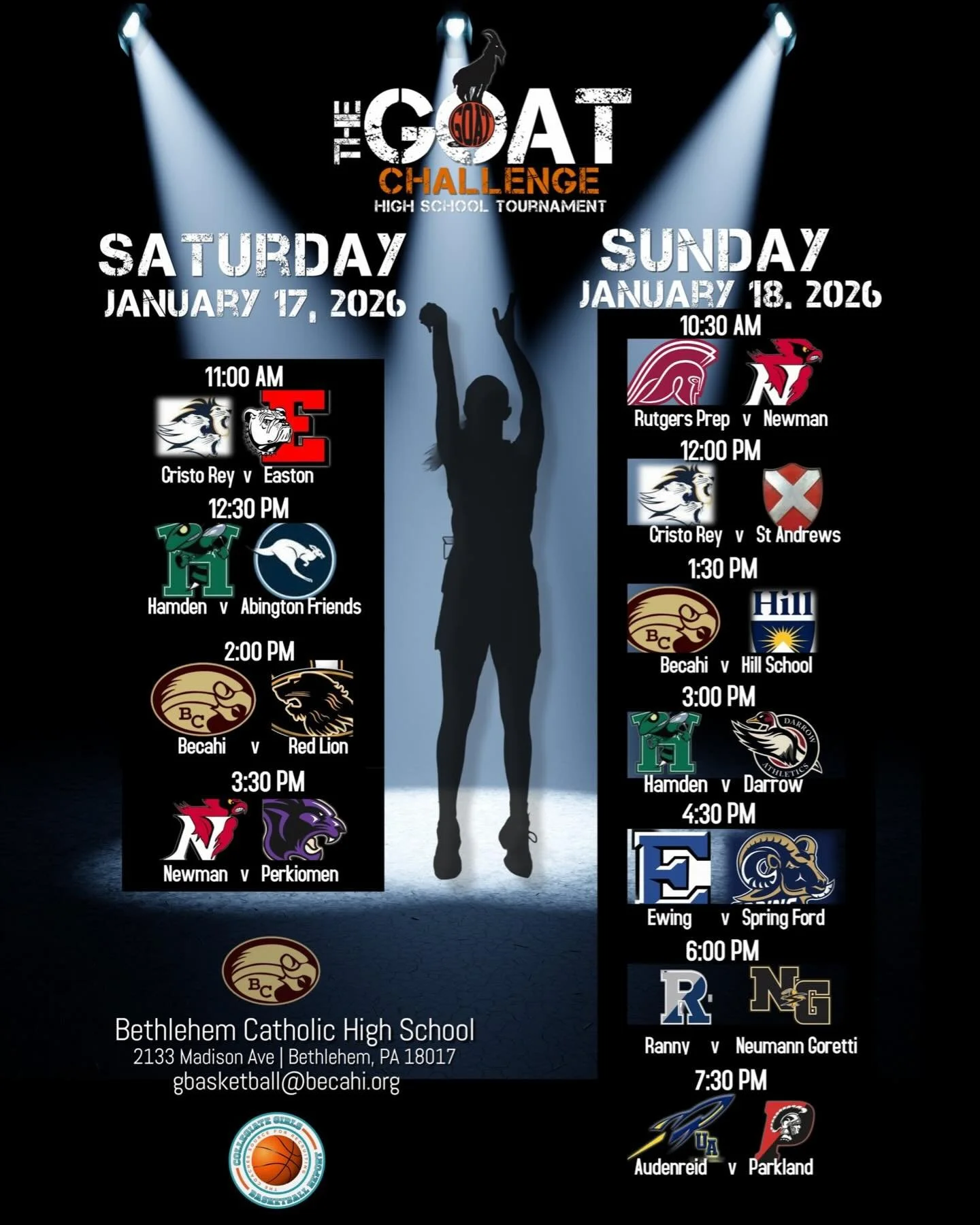 High-level hoops are coming to Bethlehem Catholic High School this weekend 🏀
Our first annual MLK Showcase &mdash; The G.O.A.T. Challenge &mdash; is here 🐐
Check out the schedule and get ready for elite matchups 🔥