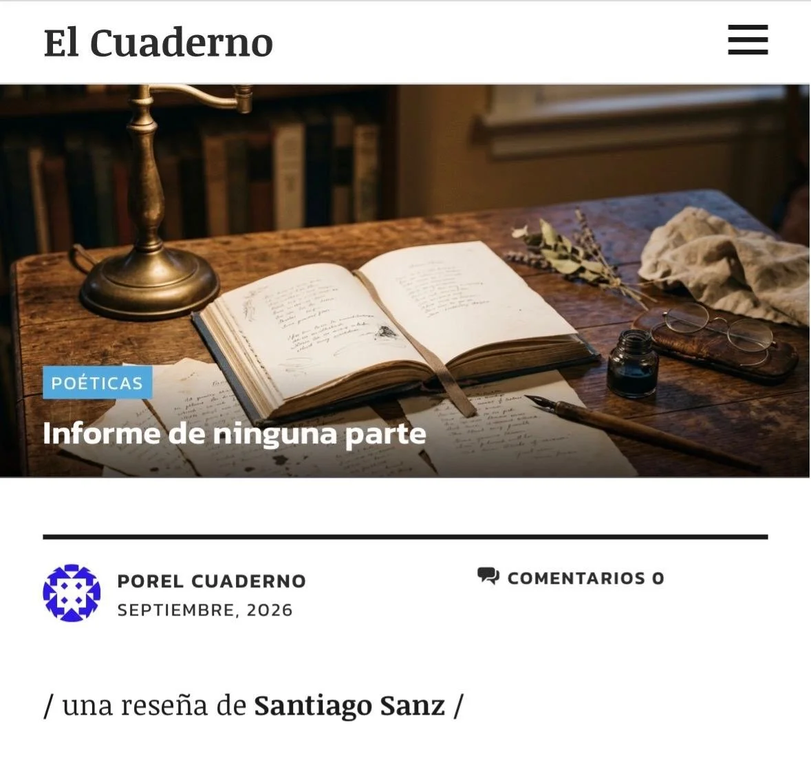 ‍ Reseña de Santiago Sanz sobre Informe de ninguna parte de Clive Wilmer (Animal Sospechoso, 2026) en El Cuaderno Digital. 