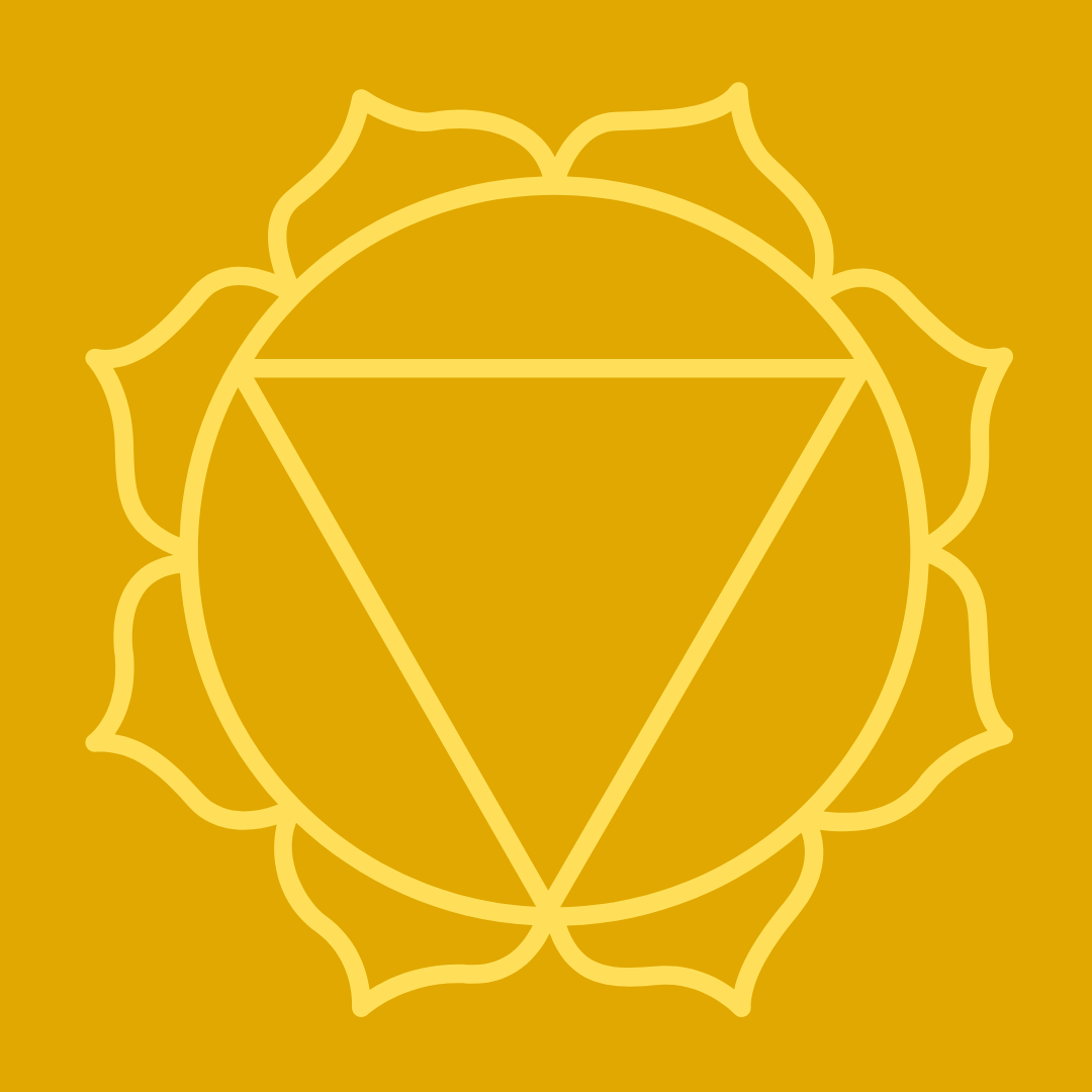 A stylized outline of the solar plexus chakra design, all in yellow on a darker yellow or gold background.