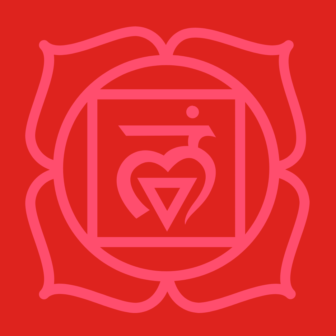 Pink stylized outline of a root chakra on a red background.