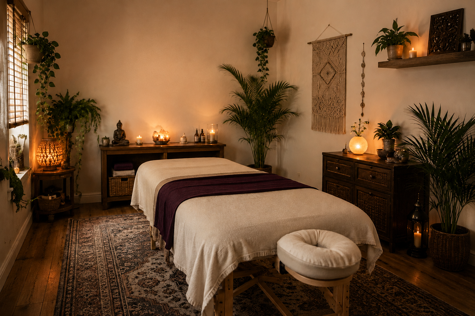 A cozy massage room decorated with potted plants, candles, and a beige massage table with a maroon blanket, warm ambient lighting, and a Persian-style rug.