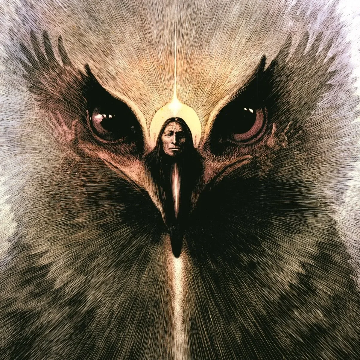 A surreal artwork depicting a large owl's face with a Native American man at its center, with the owl's intense eyes and intricate feather details creating a mystical atmosphere.