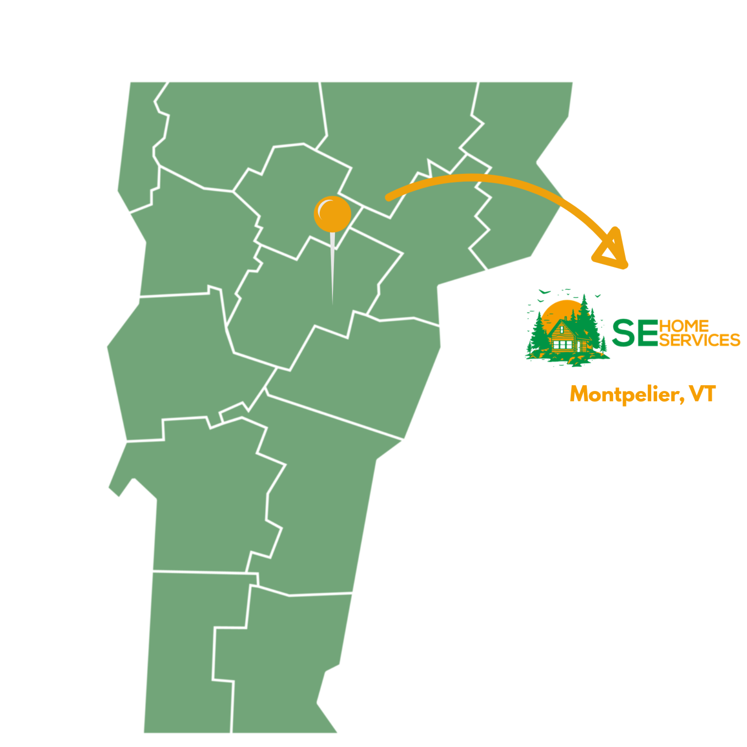 Map of Vermont highlighting Montpelier, with a logo for SE Home Services and the location labeled as Montpelier, VT.