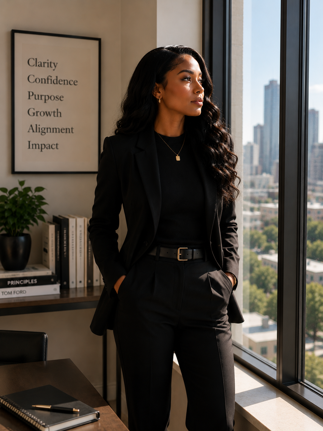 A woman in a black suit standing by a window in a modern office with a city view, looking out thoughtfully.