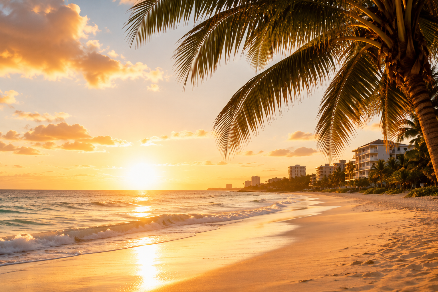 City skyline at sunset with tall skyscrapers and palm trees in the foreground over a body of water.