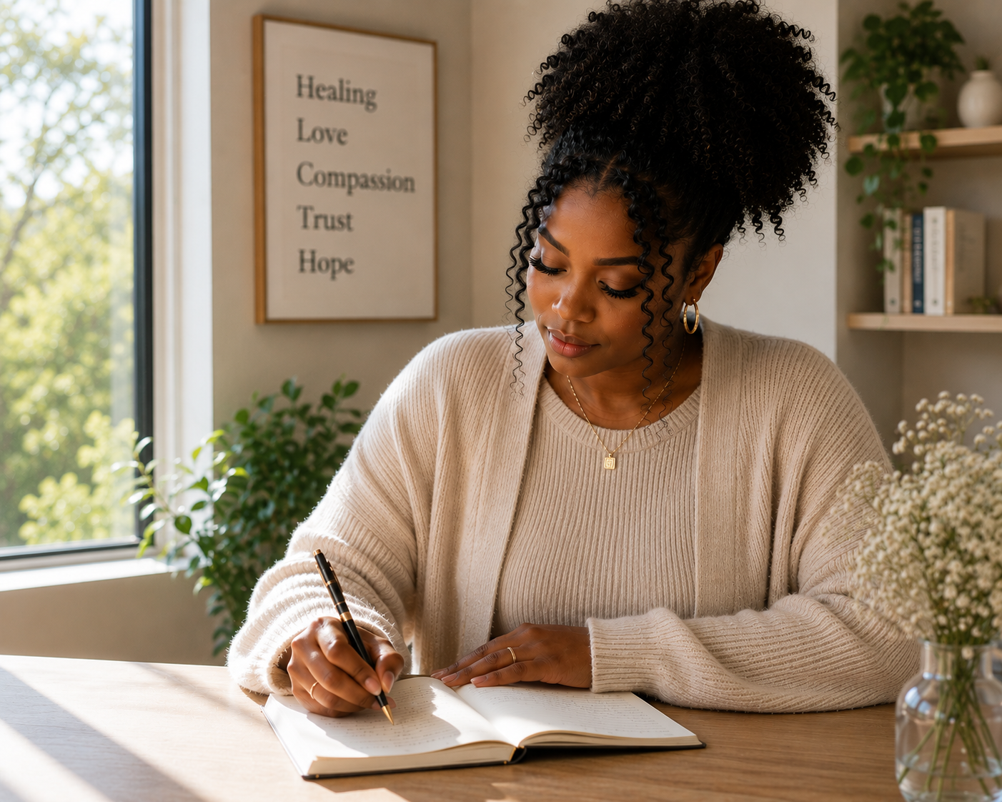 A woman with curly hair is sitting at a desk writing in a notebook. She is wearing a beige sweater and gold jewelry. There is a window with trees outside, a framed poster with words like 'Healing,' 'Love,' 'Compassion,' 'Trust,' and 'Hope,' and some plants and books in the background.