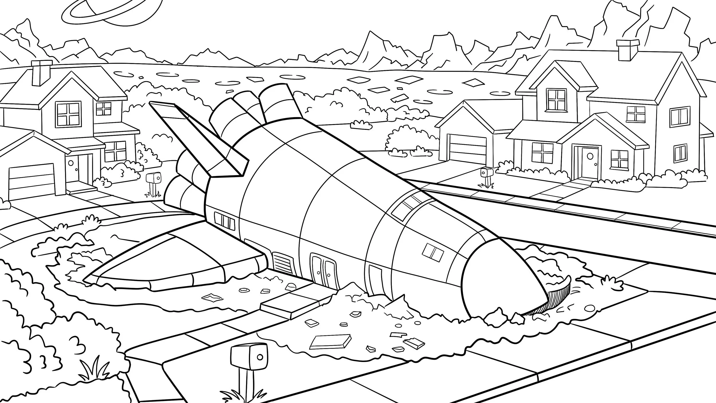 Black and white line drawing of a suburban neighborhood with multiple houses, a mountain range in the background, and a UFO crashed in the front yard, surrounded by debris.