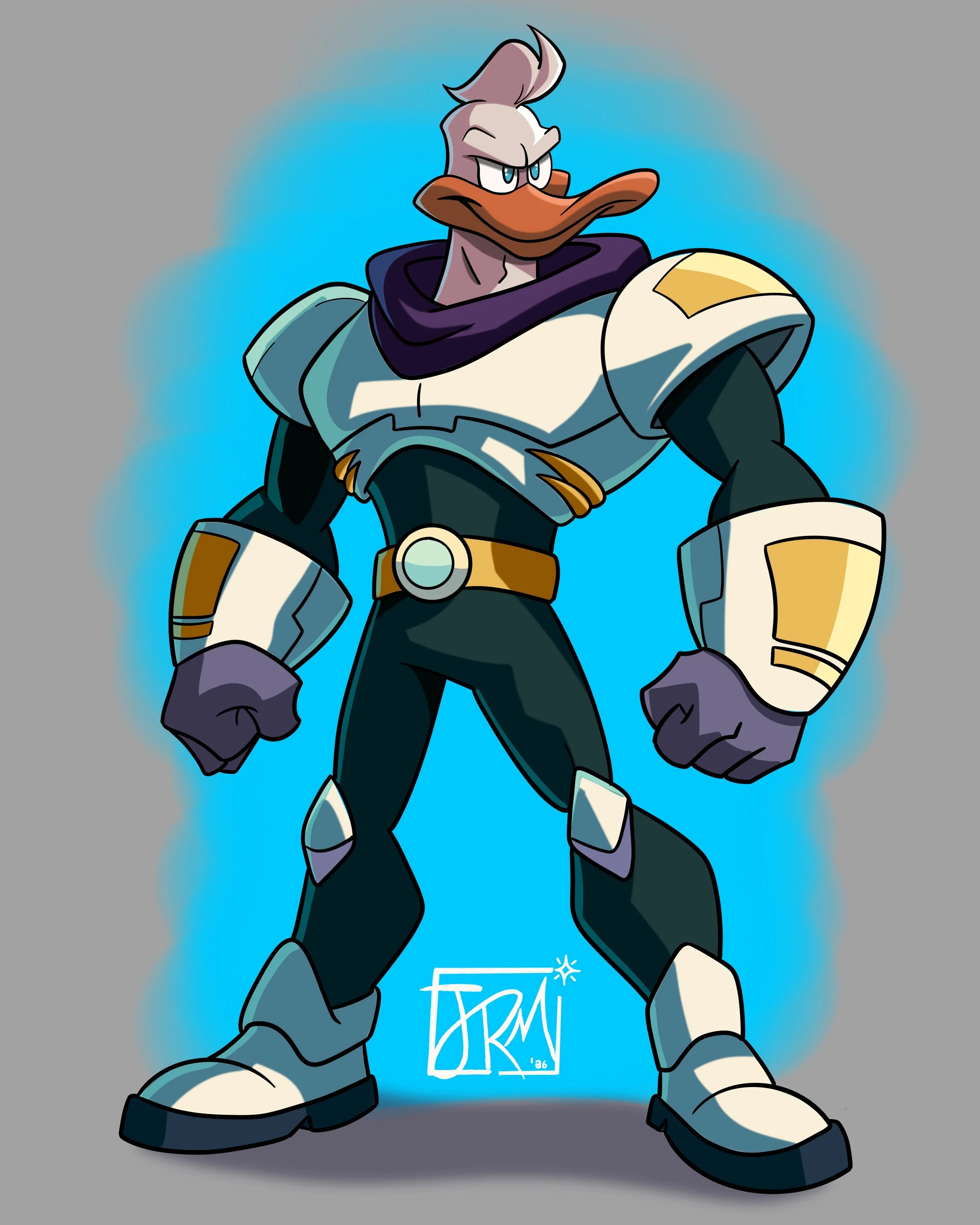An animated cartoon of a muscular anthropomorphic duck dressed as a space superhero with armor and a glowing blue aura.