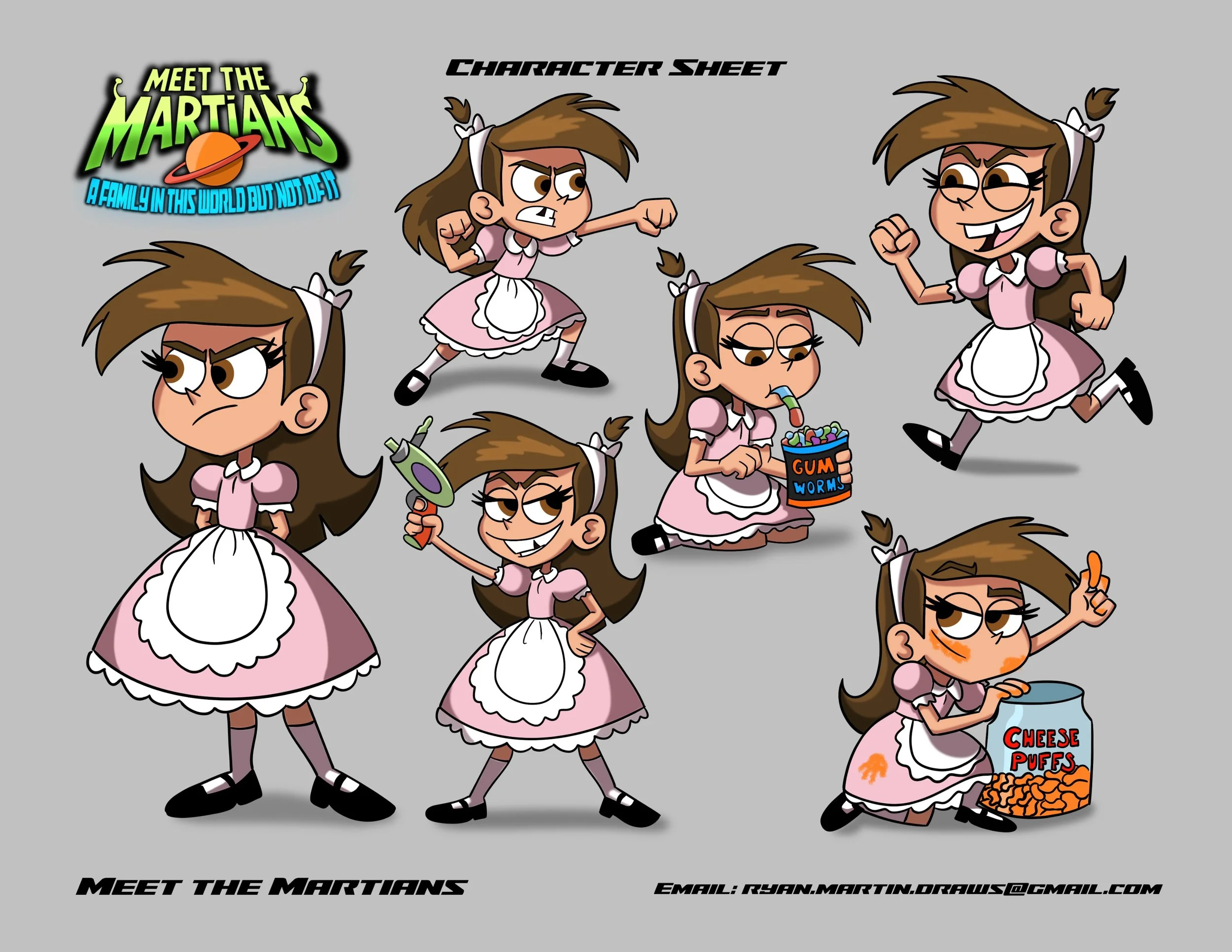 Character sheet of a girl with brown hair in a pink dress with white apron and headband, showing various expressions and poses, including angry, happy, and mischievous, holding a hairdryer, a puppet, gum worms, and a can of cheese puffs.