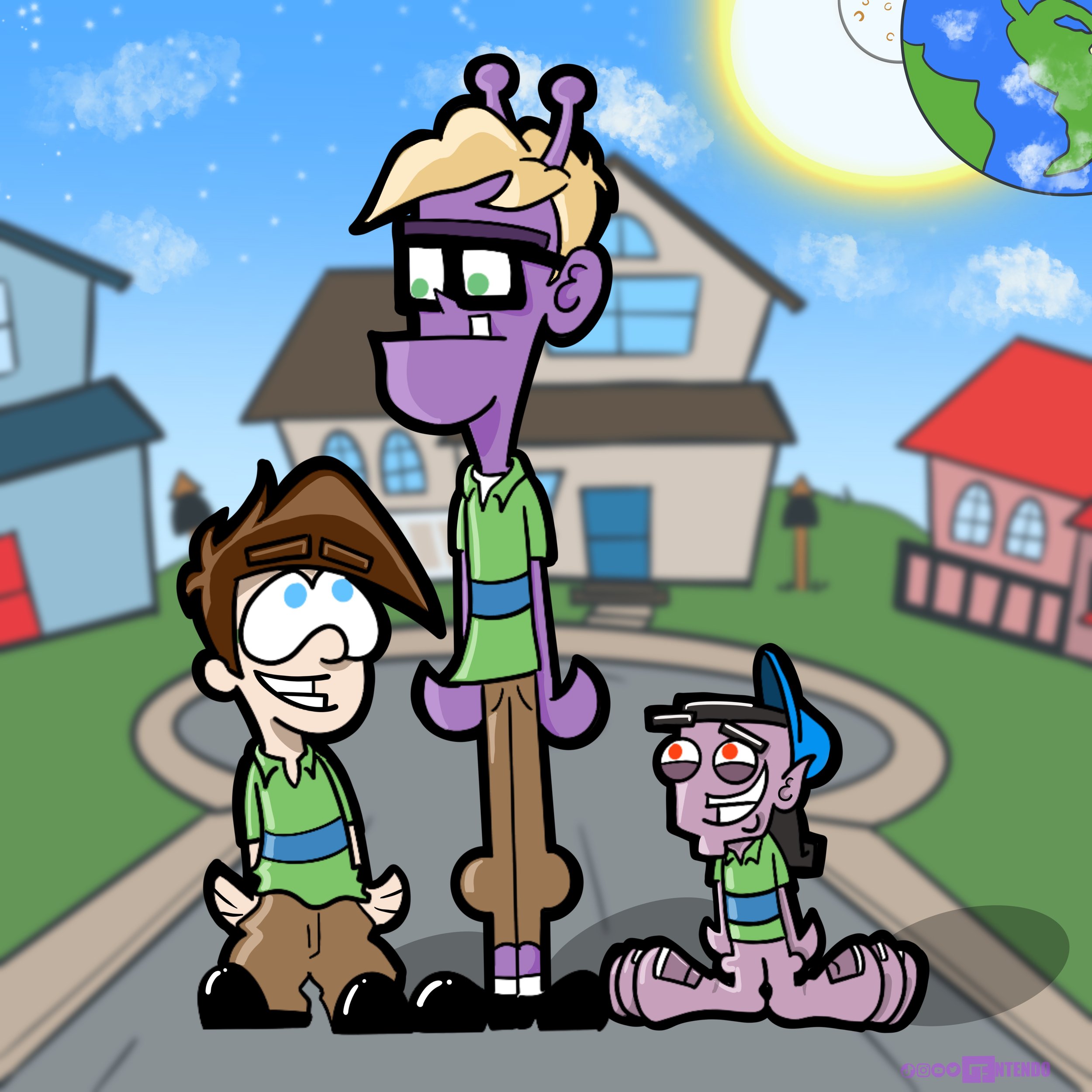 Three animated children dressed as cartoon characters from the game 'Plants vs. Zombies,' standing on a suburban street with houses and trees in the background, under a sky with clouds, sun, moon, and planets.