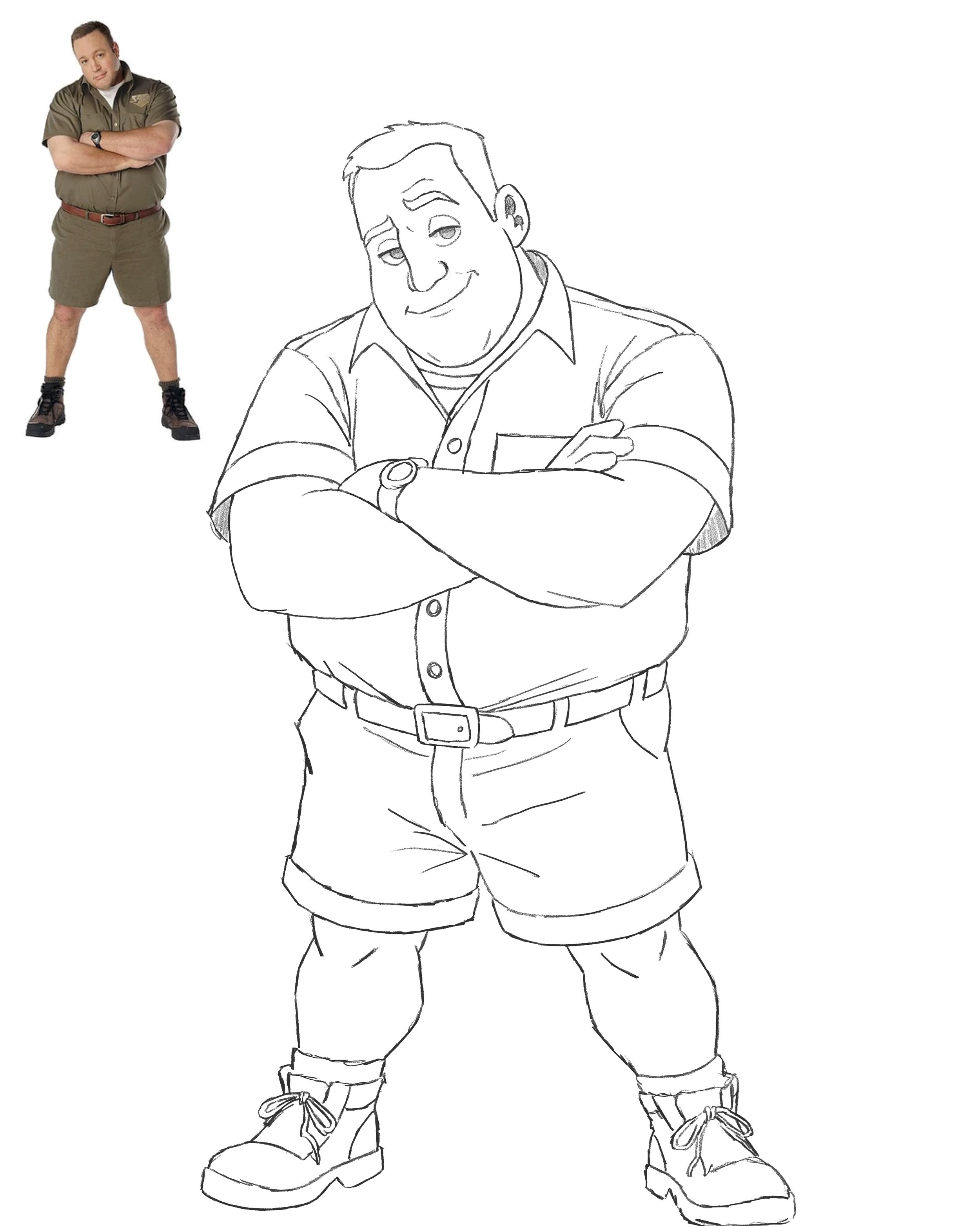 A color photo of a man in a uniform standing with arms crossed and a confident expression. A black-and-white line drawing of the same man in the foreground.