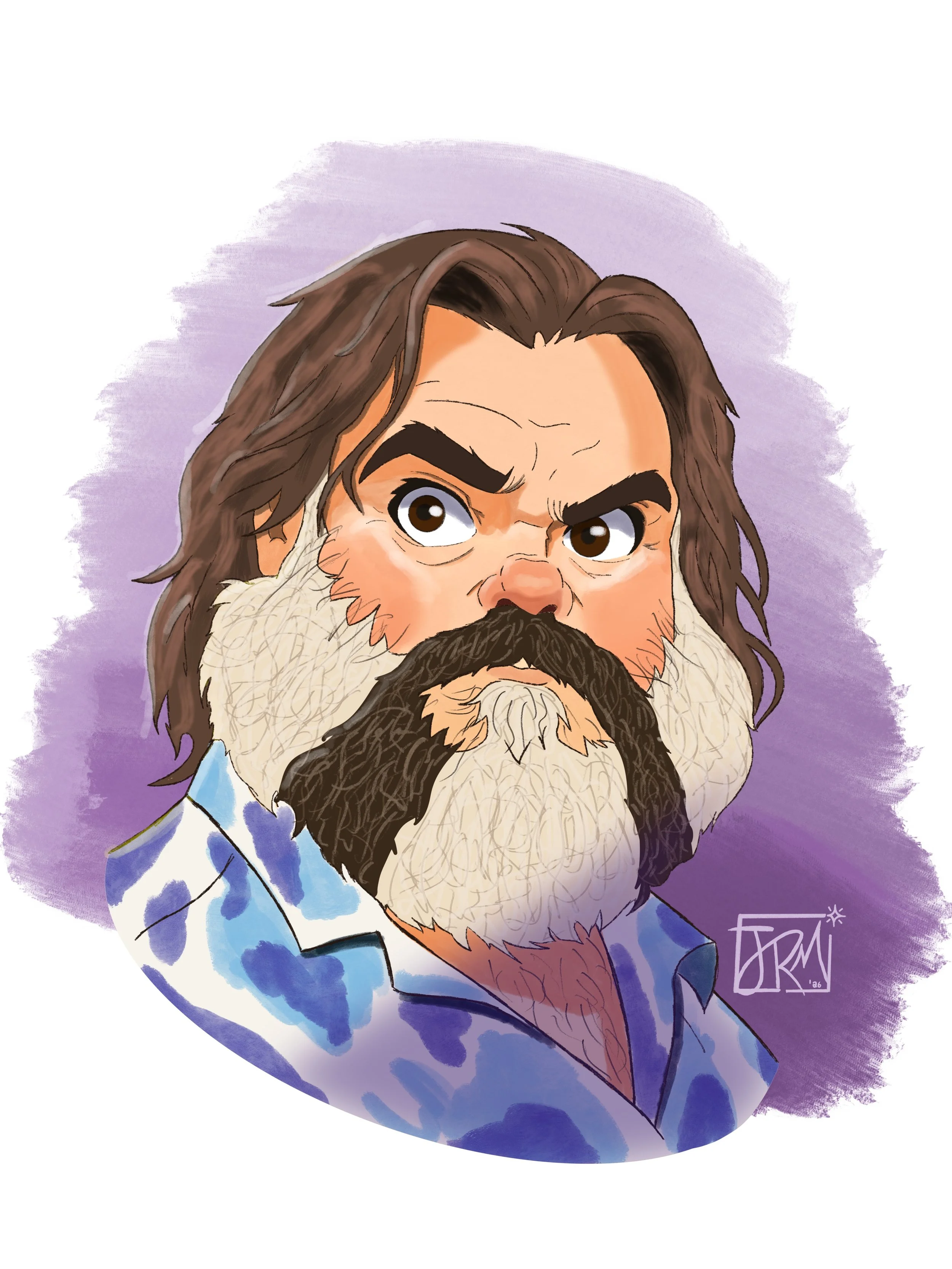 Digital illustration of a man with long brown hair and a thick beard, wearing a blue patterned shirt, with an intense expression and a purple background.
