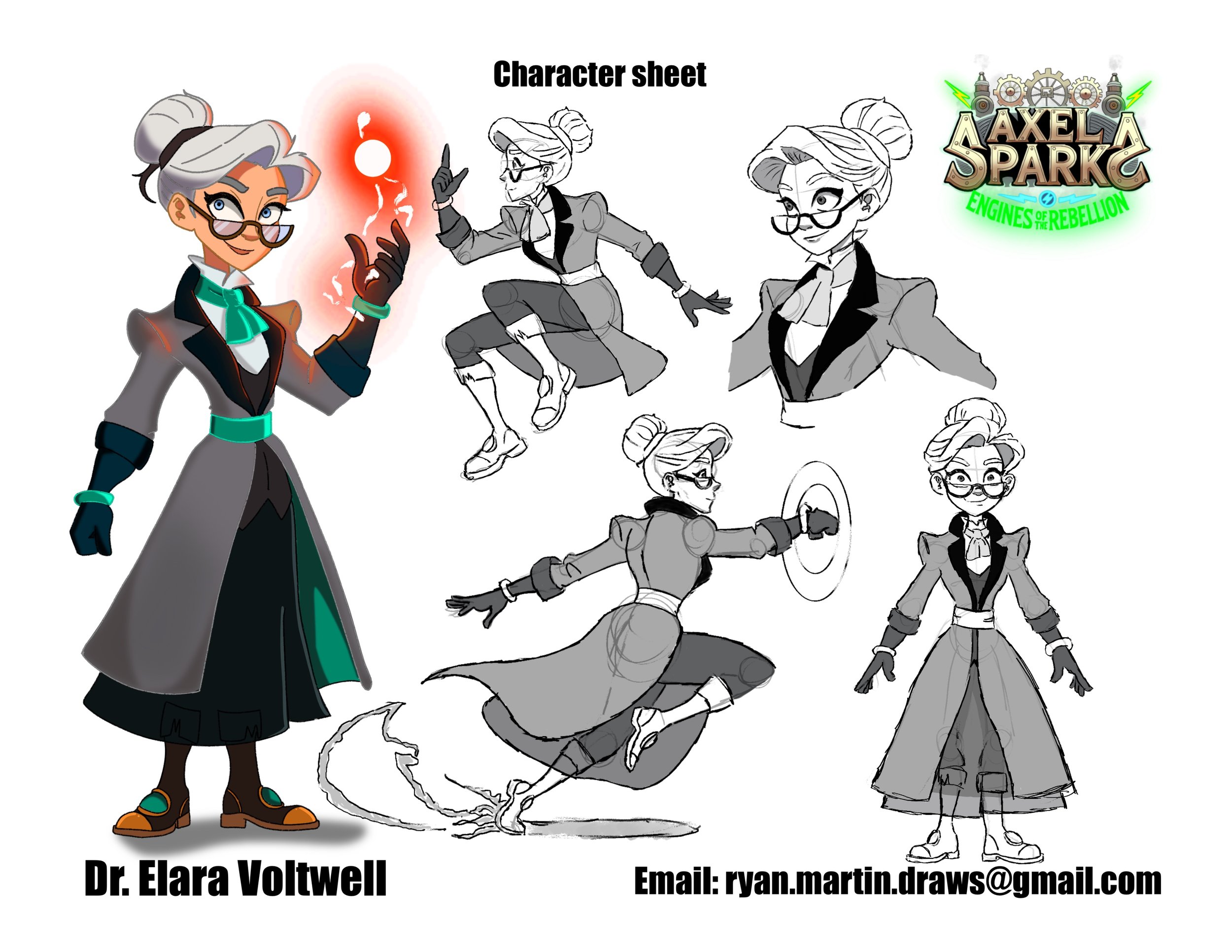 Character sheet for Dr. Elara Voltwell from 'Axela Spark: Engines of Rebellion.' The sheet includes a colored illustration of Dr. Voltwell holding a glowing, electrical orb in her right hand and wearing a long coat, glasses, and boots. Surrounding the main image are black-and-white sketches showcasing different poses and angles of her, including sitting, punching, and standing. The sheet features her name, email contact, and the game's logo in the top right corner.