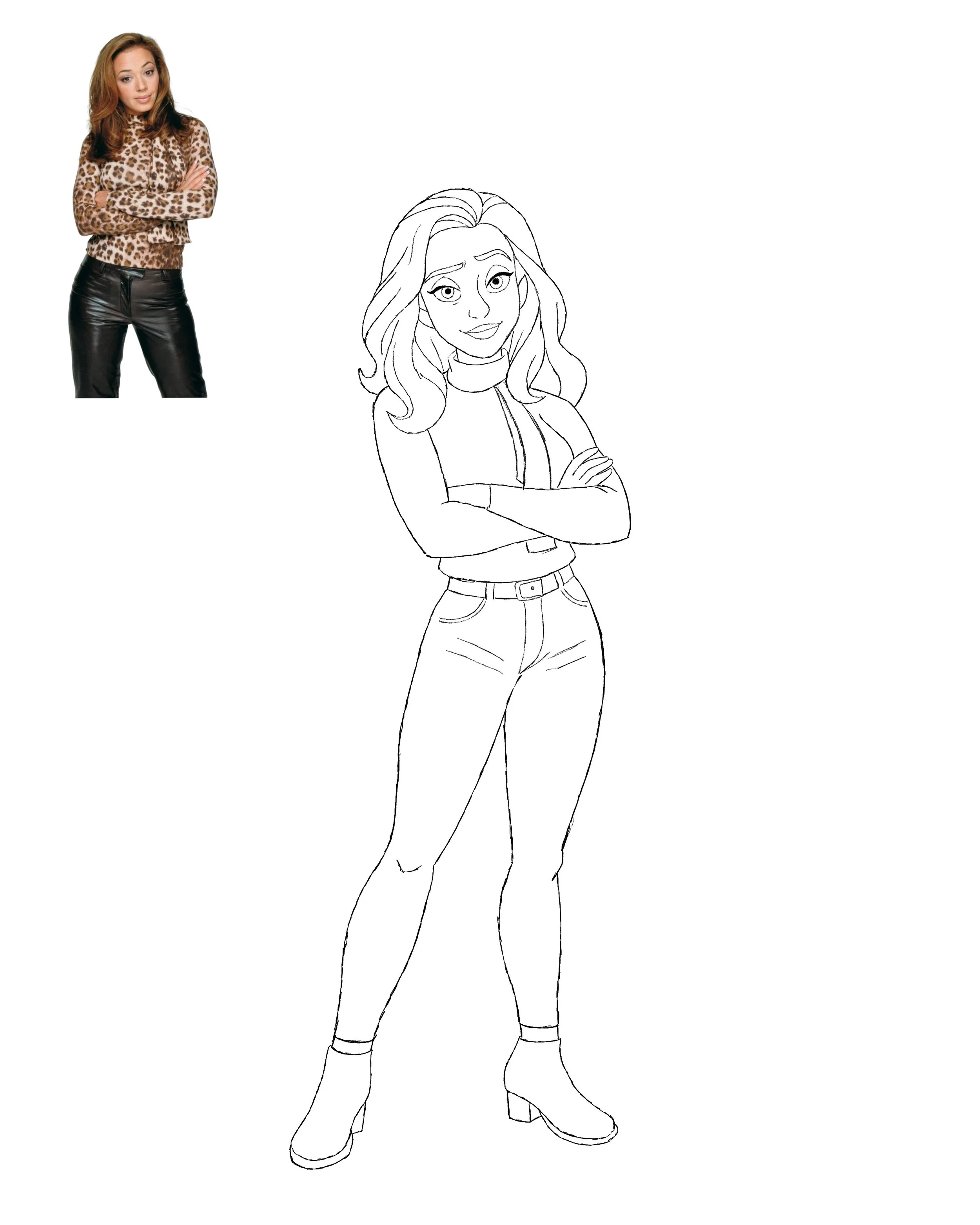 Comparison of a photographic image of a woman in leopard print top and black leather pants and a line drawing of the same woman in the same pose and outfit.
