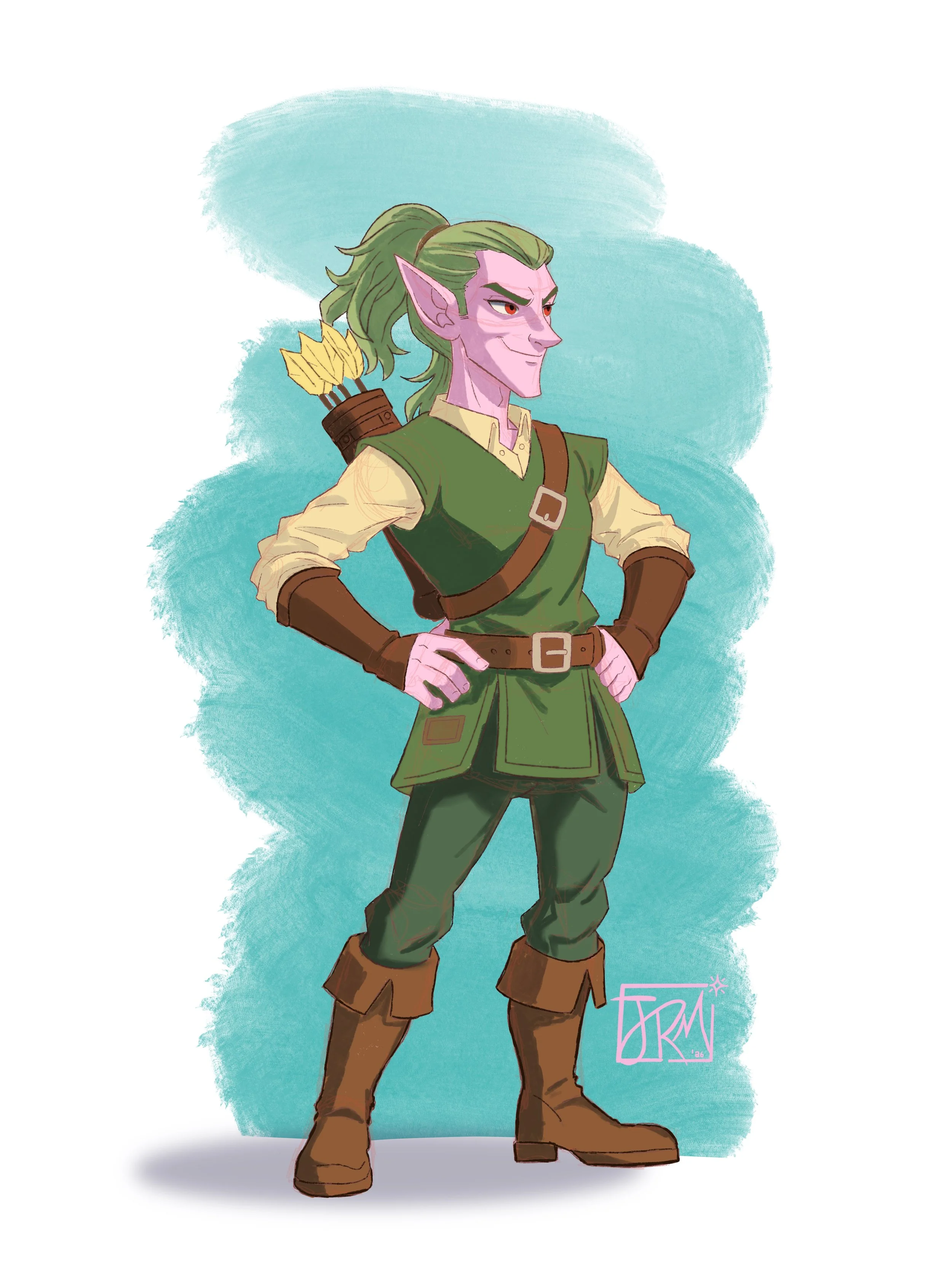 A digital illustration of a fantasy elf character with pink skin, green hair in a ponytail, and pointed ears, dressed in green and brown adventurer attire, standing with hands on hips and a confident expression.