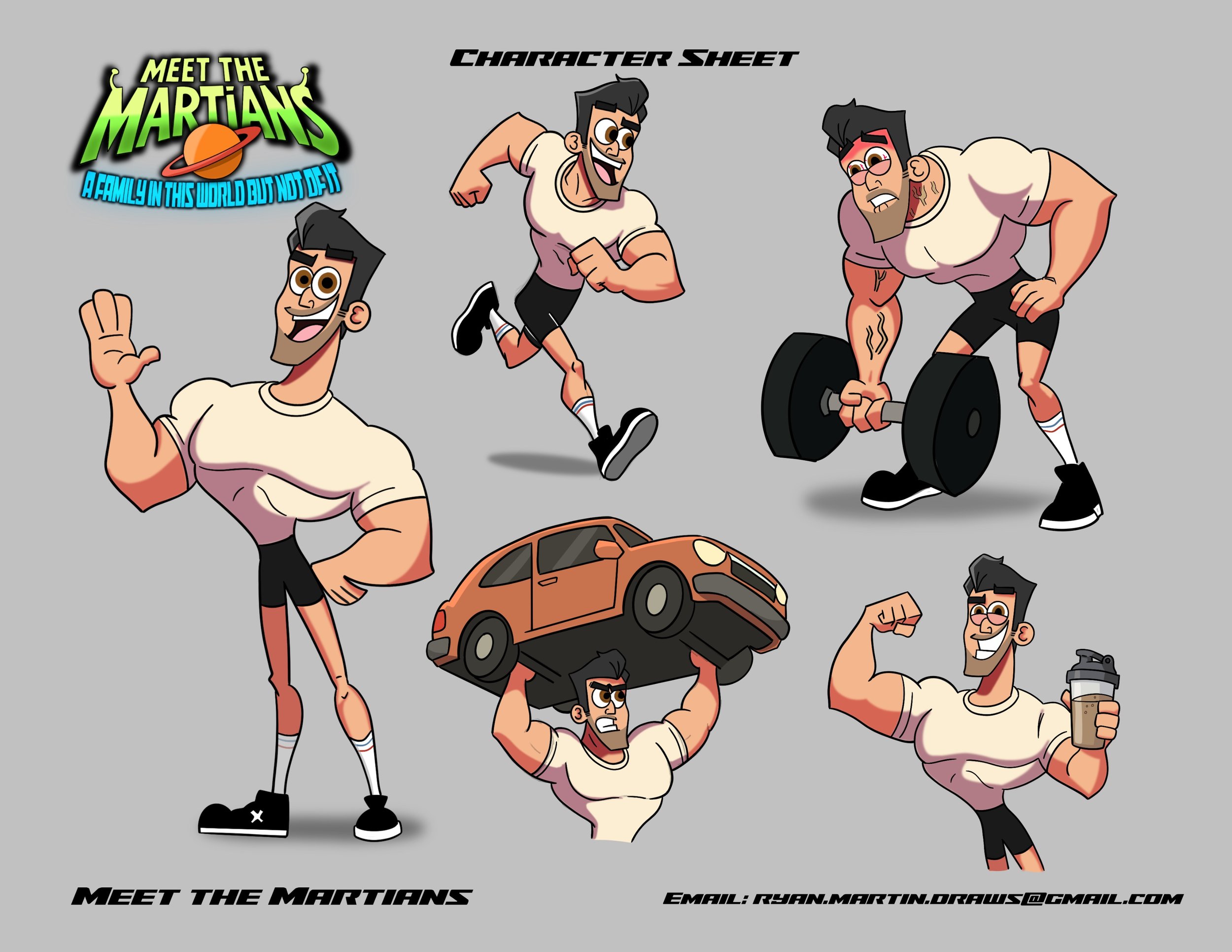 Character sheet featuring cartoon marshmallow-like humans with athletic builds, posed in various fitness and activity scenarios. One is waving, another running, one lifting a dumbbell, another holding a toy car, and one holding a protein shake. The image includes a logo titled "Meet the Martians" and an email address at the bottom.