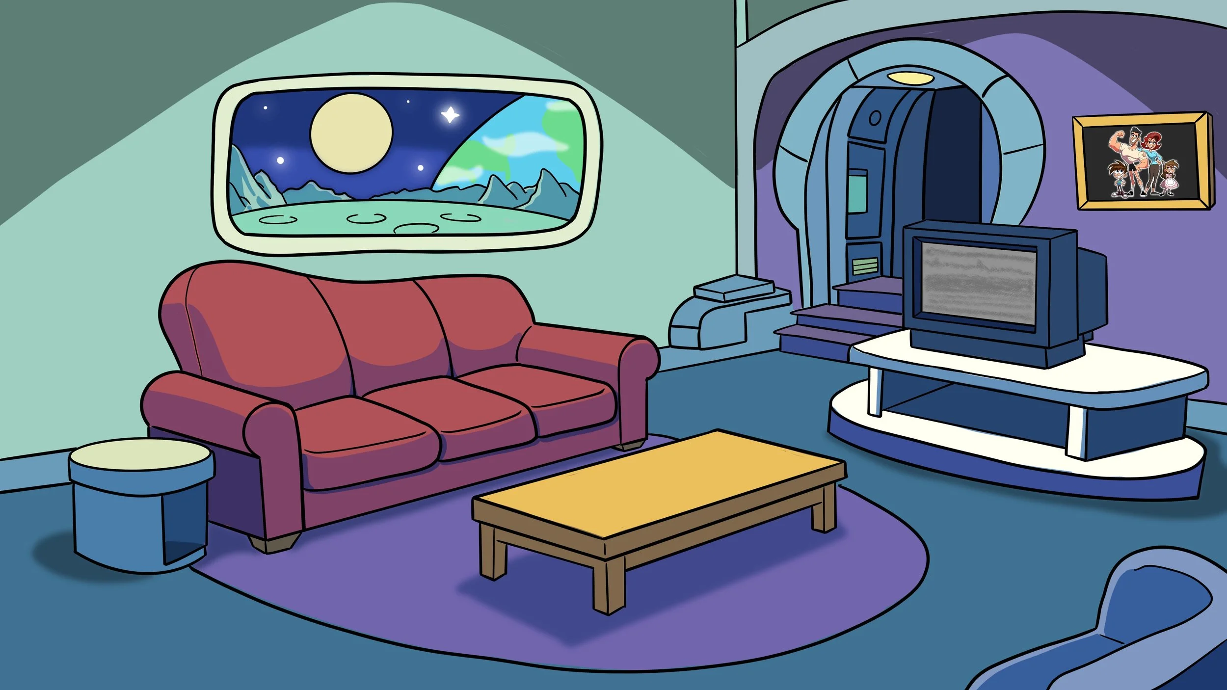 Living room with a red sofa, a wooden coffee table, a television on a white stand, a console with electronics, a framed family photo, and a large window showing a night scene with a full moon and mountains.