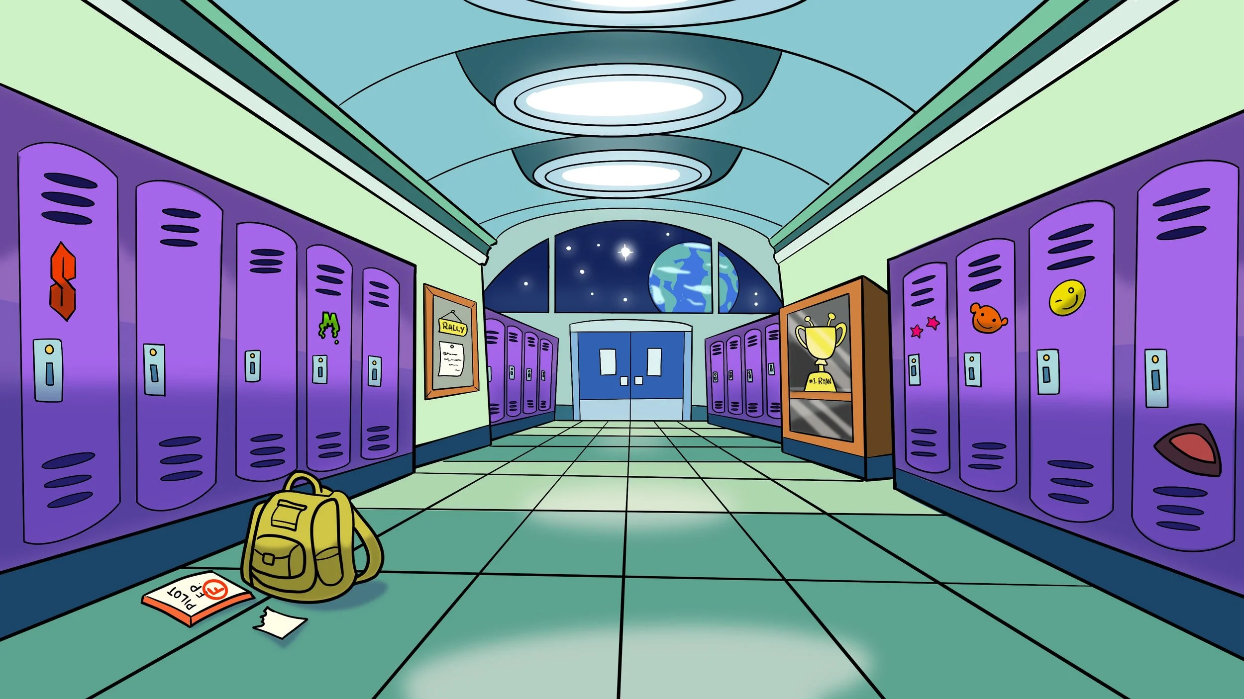 A cartoon school hallway with purple lockers on both sides, some stickers on the lockers, a yellow backpack and a folded piece of paper on the floor, and a window showing Earth and stars in space. There are posters, trophies, and a space-themed scene at the end of the hall.