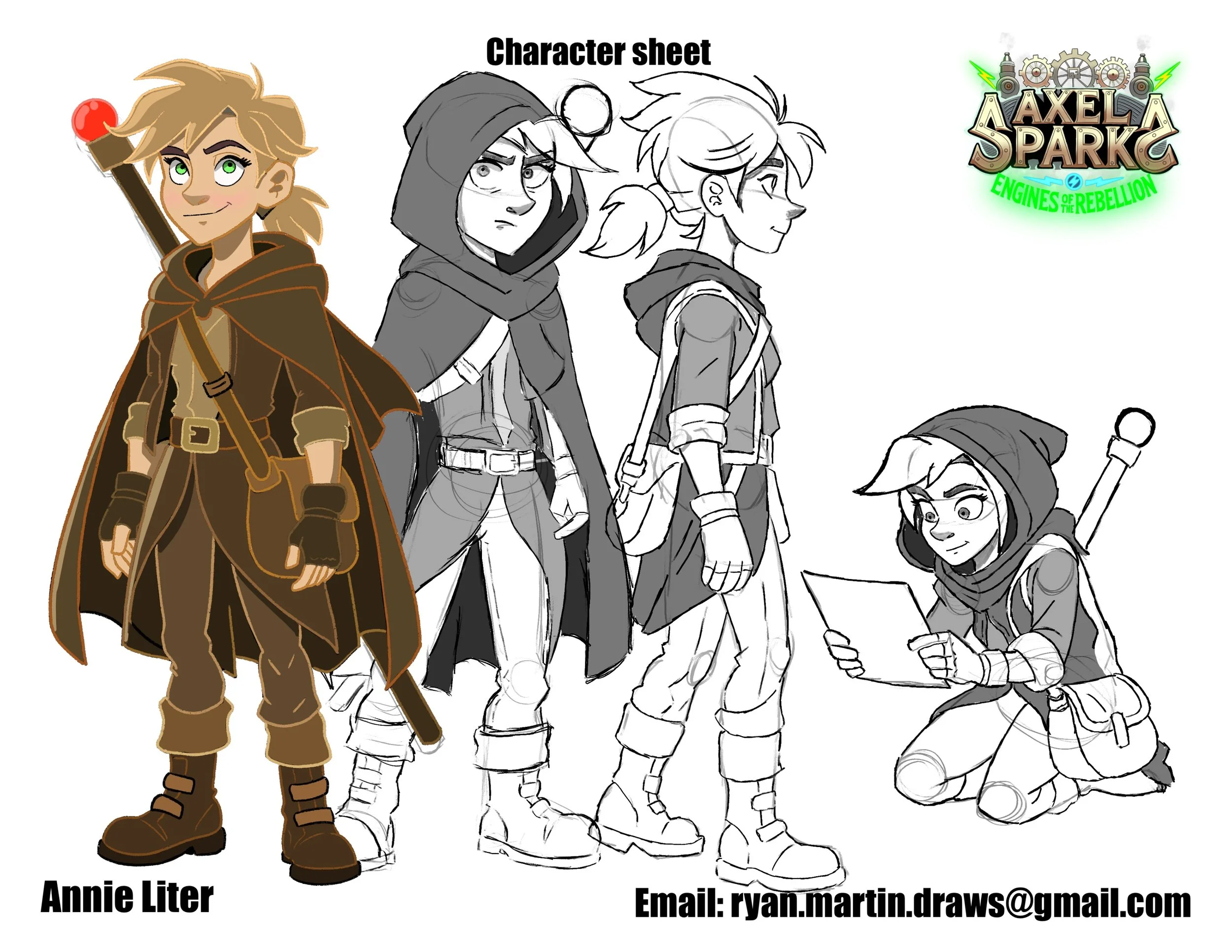 Character sheet featuring four fantasy characters, with one fully colored and three in black and white sketches, along with a logo for Axel Spark Engines of Rebellion, and text indicating the artist Annie Liter and an email address.