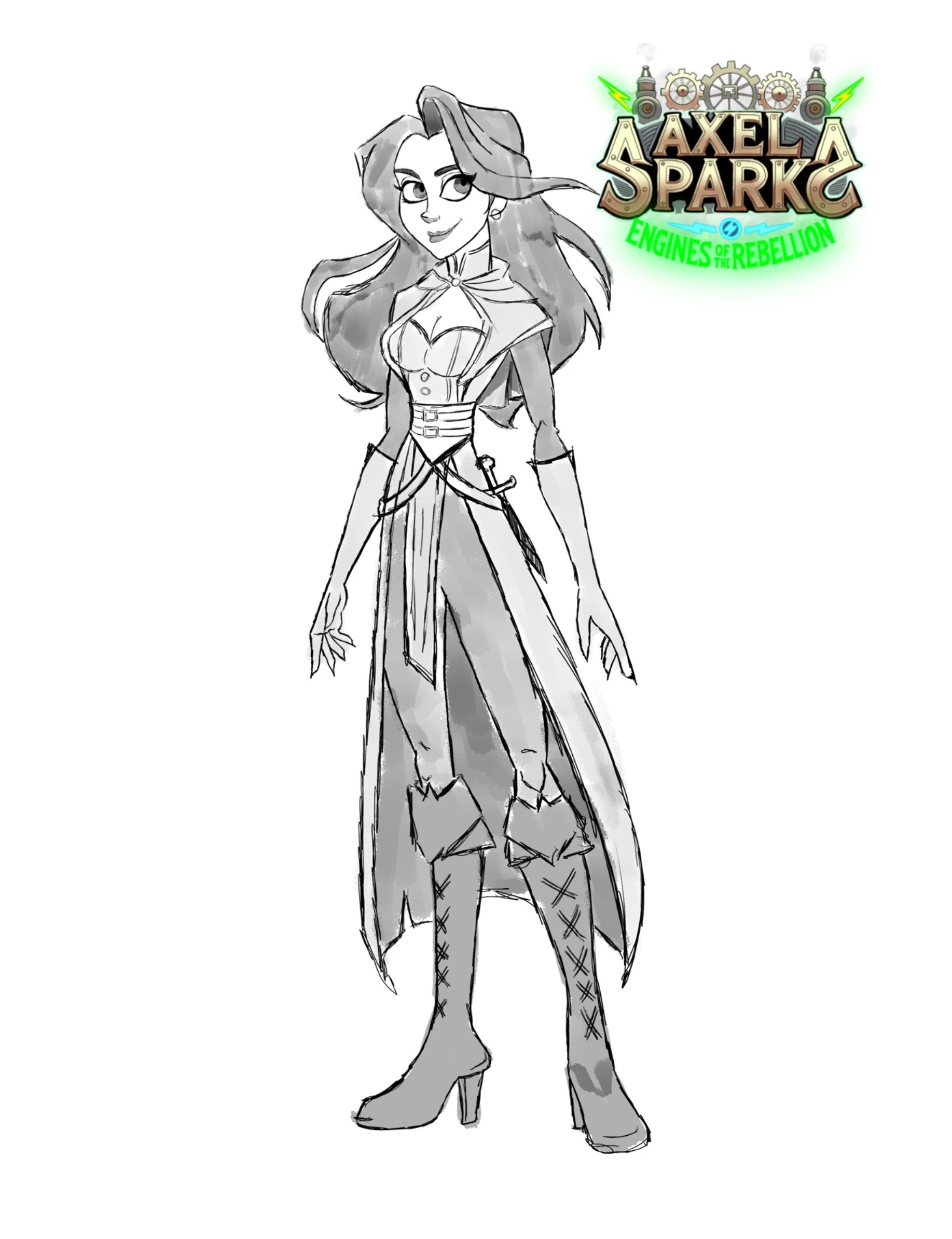 Black and white illustration of a female character dressed in a fantasy or steampunk-inspired outfit, standing with a confident pose, with the logo 'Axela Spark Engines of Rebellion' in the upper right corner.