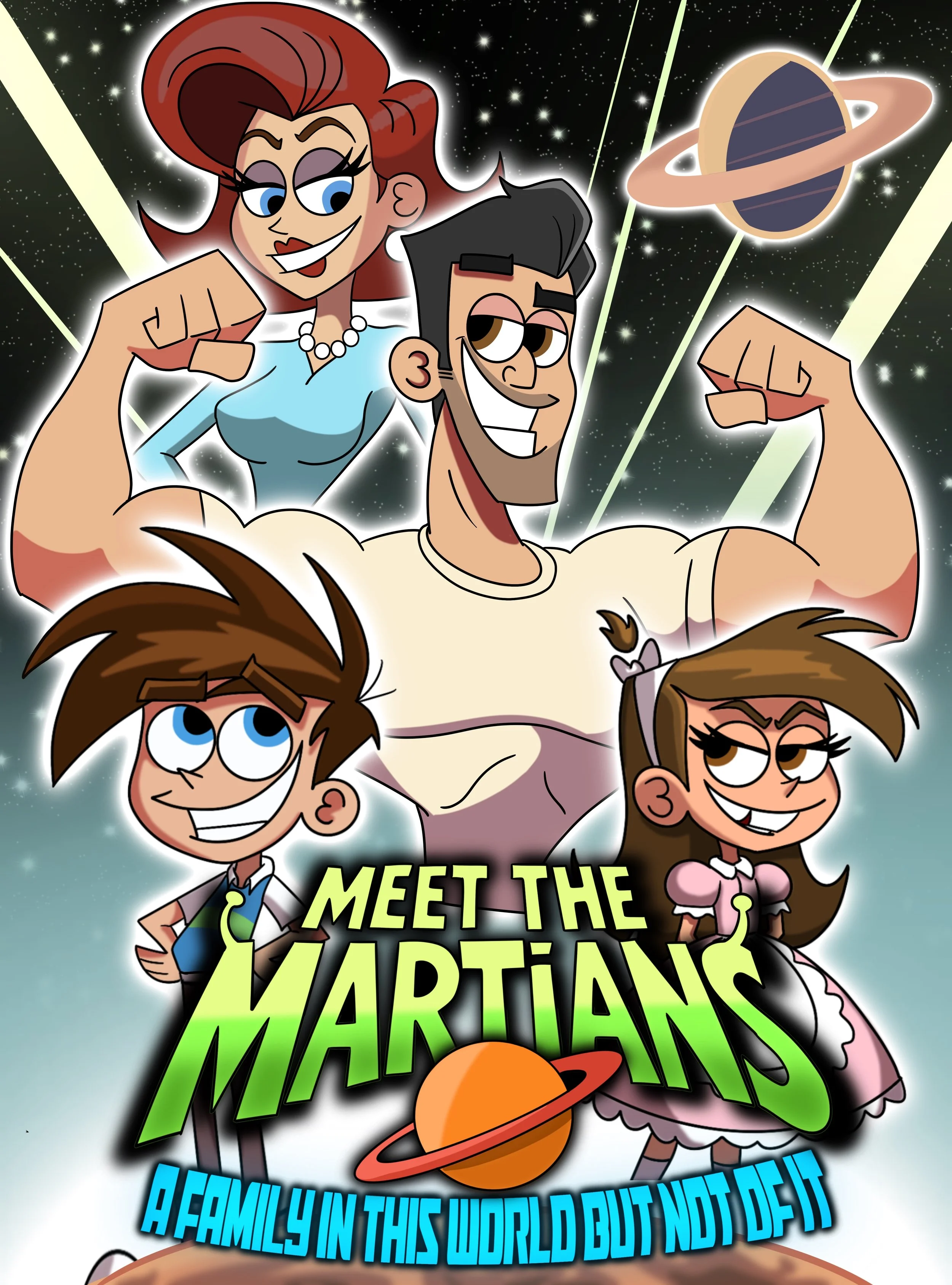 Animated characters from 'Meet the Martians' in space, with a planet and stars in the background, promoting a family show with the slogan 'A Family in This World But Not Of It'.