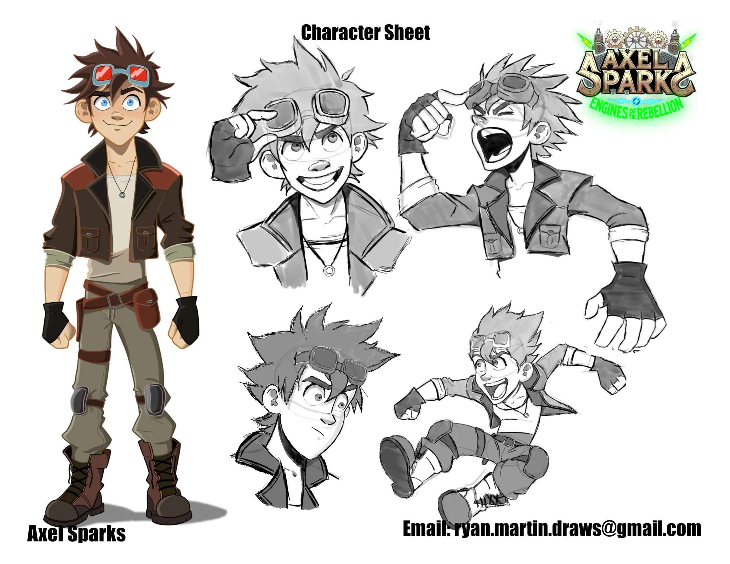 Character sheet for a male adventure character named Axel Sparks, with colored illustration on the left and black-and-white sketches of different poses and expressions on the right. The character has spiky hair, goggles, and a steampunk-inspired outfit. The image also features the logo for 'Axel Sparks: Engines Rebellion' and an email address for the artist.