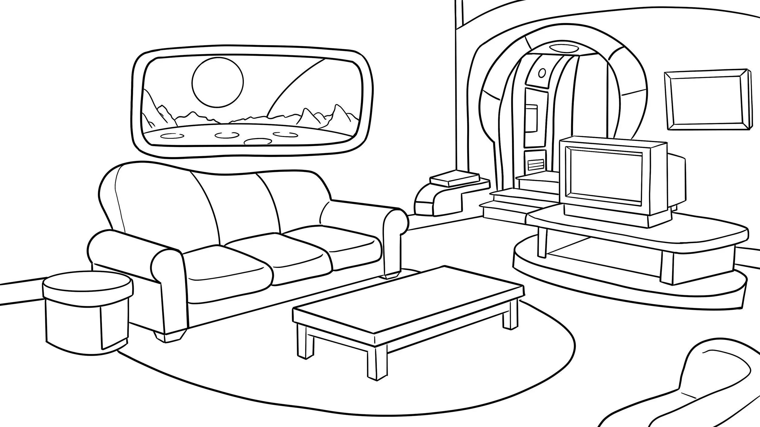 Line drawing of a living room with a sofa, small round table, rectangular coffee table, TV on a stand, staircase leading to an arched doorway, wall portraits, and a large window showing mountains and a sun.