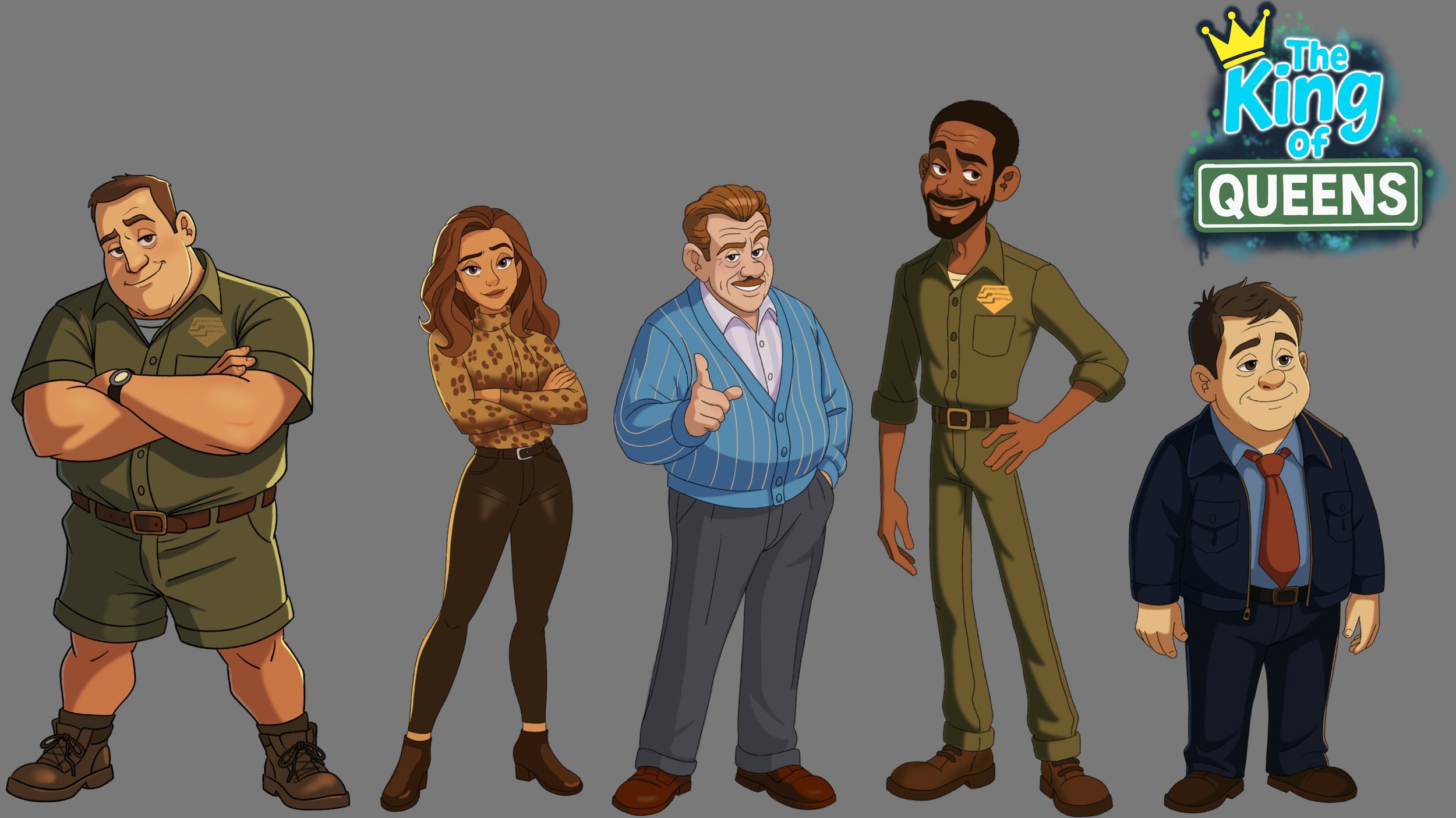 Cartoon characters standing in a line with a gray background, with a neon sign that reads 'The King of Queens' in the top right corner.