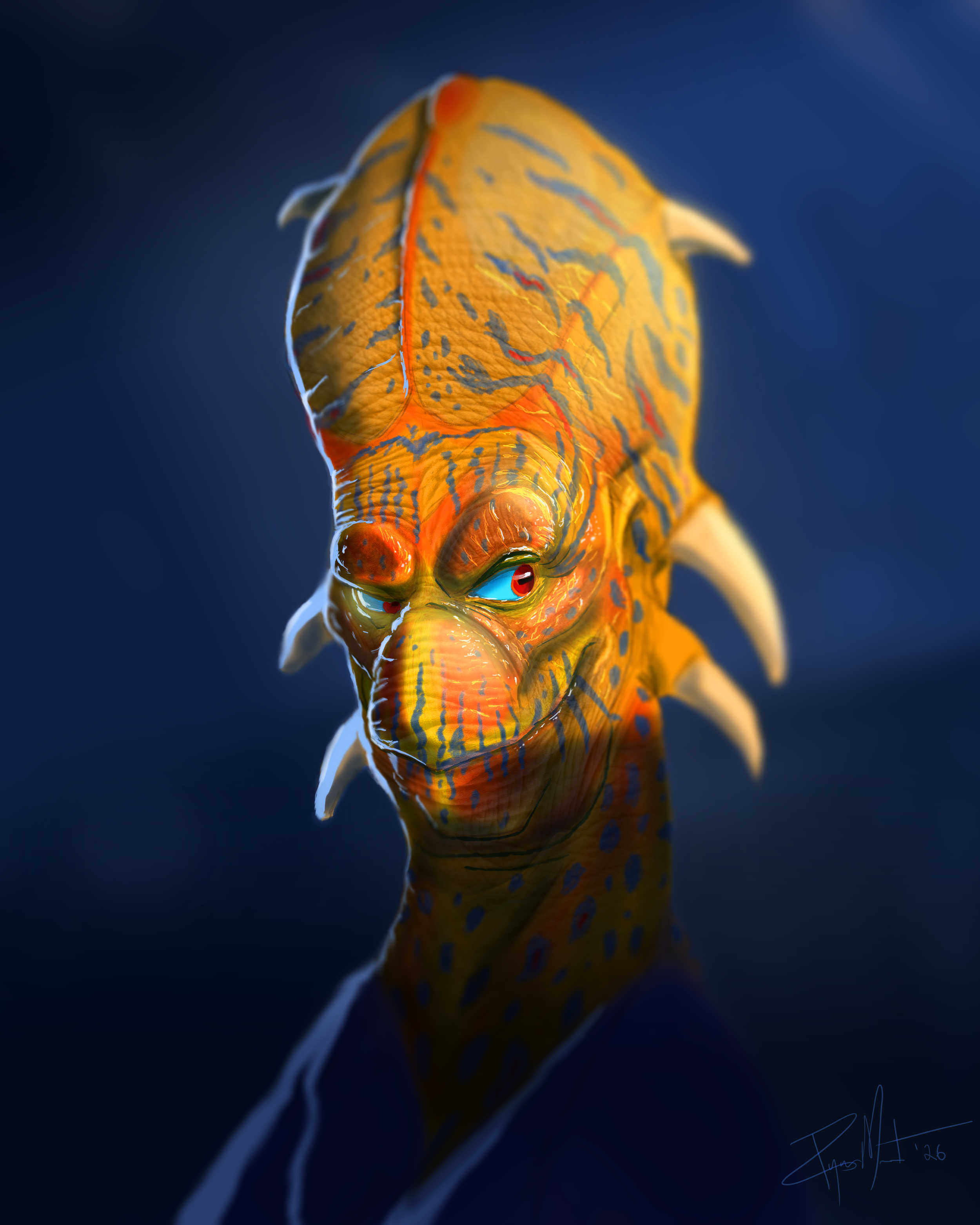 Colorful, animated lizard-like creature with a vivid orange and yellow spotted body, a large head, and piercing blue eyes, set against a dark blue background.