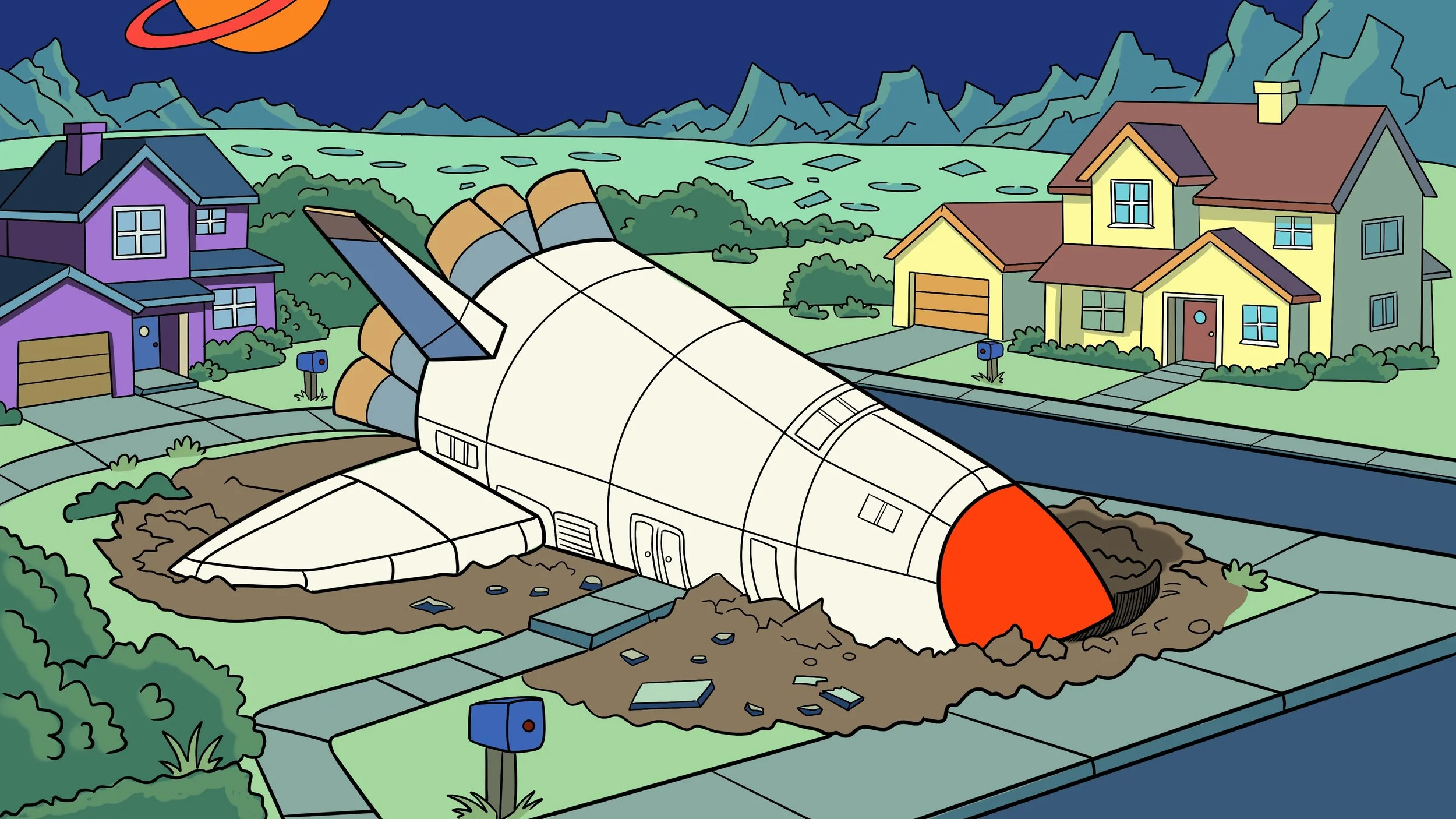 A cartoon illustration of a spaceship crash landing in a suburban neighborhood at night, with houses, bushes, and mountains in the background.
