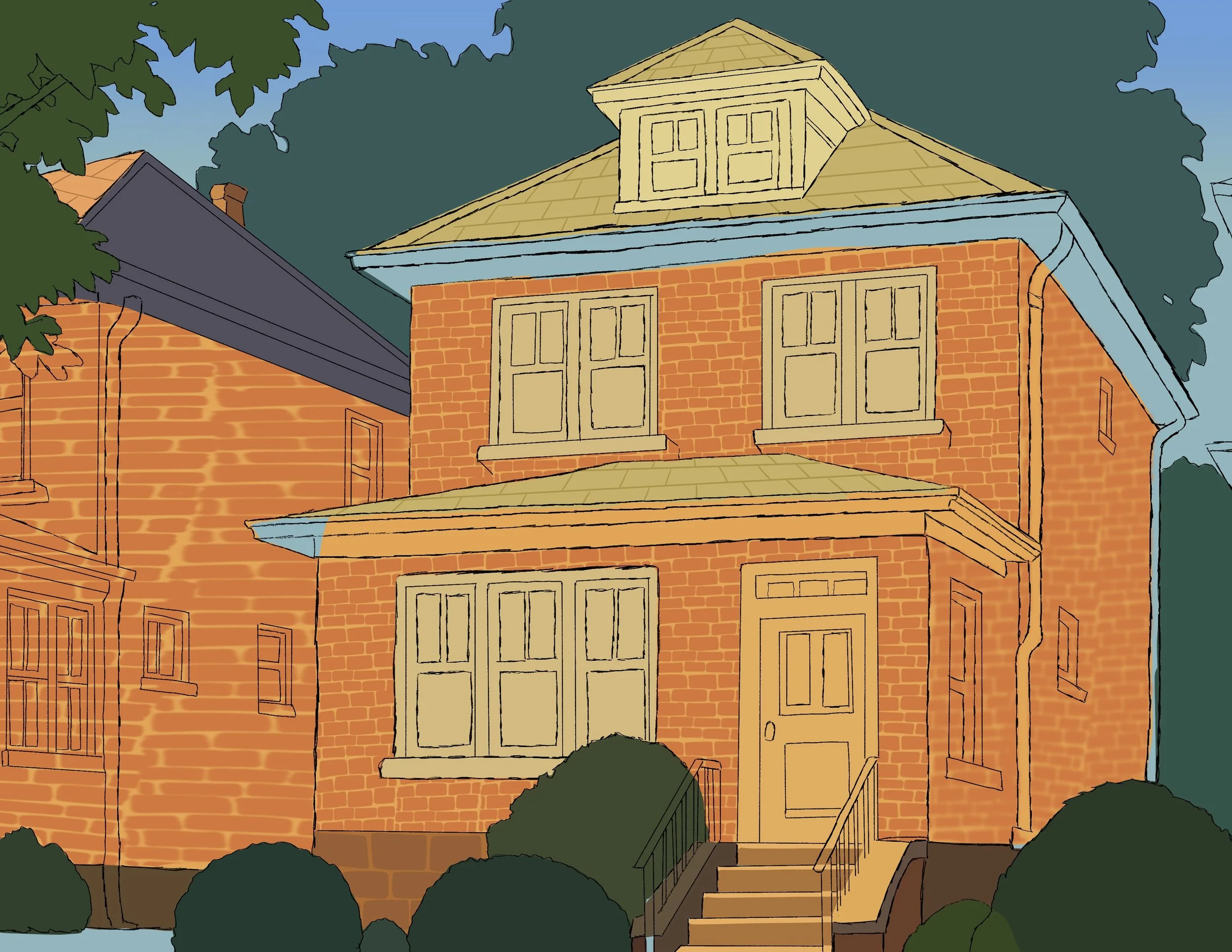 Illustration of a two-story brick house with a front porch, stairs, and bushes in the front yard, surrounded by trees.