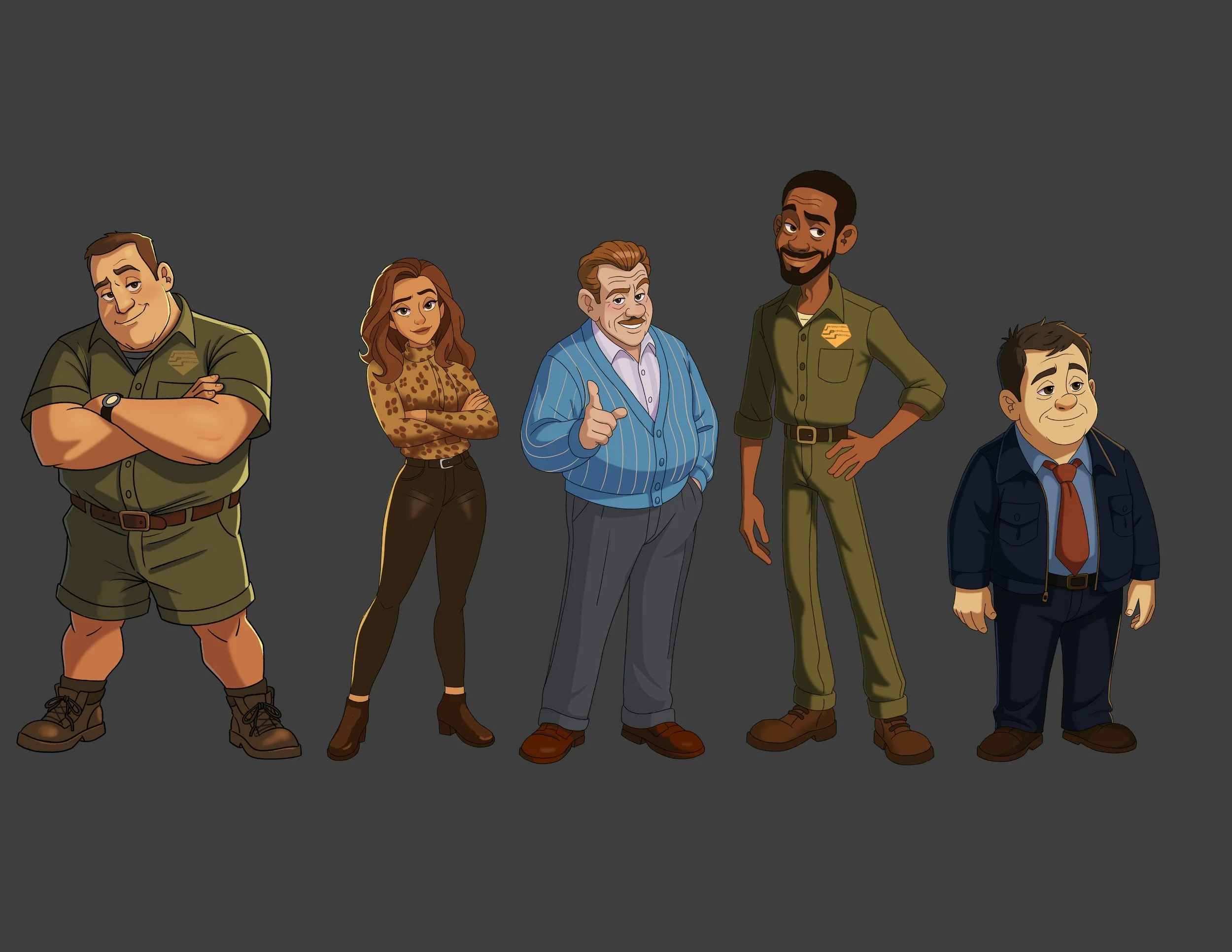 Group of five diverse animated characters standing against a dark background, each with different expressions and clothing styles.