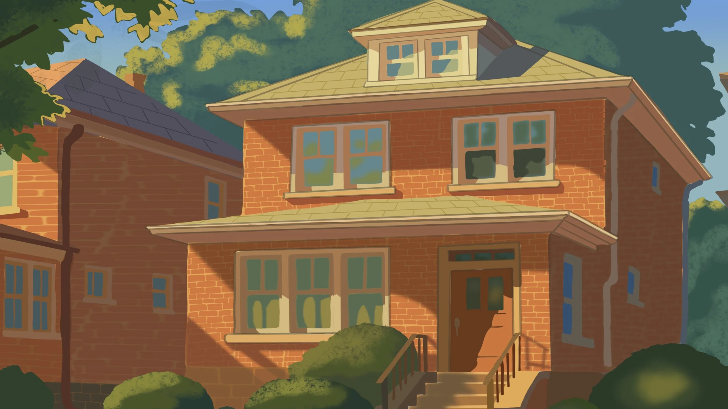 Illustration of a brick house with multiple windows, a front door with stairs, surrounded by bushes and trees, under a blue sky.