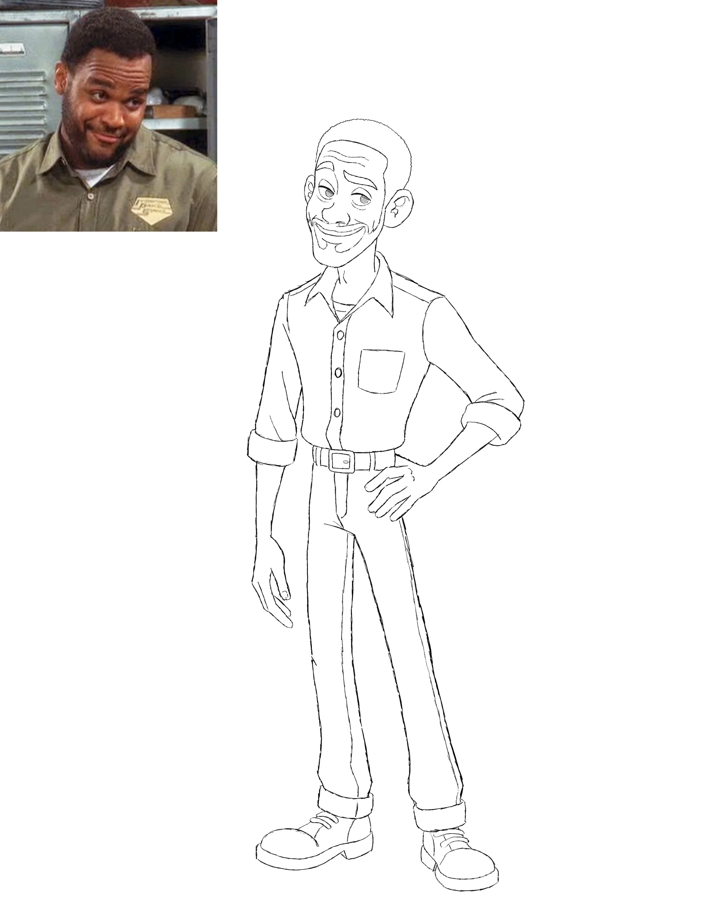 A black and white line drawing of a young man with short hair and a goatee, wearing a long-sleeve button-up shirt with rolled-up sleeves, trousers, and boots. The man has one hand on his hip and a confident smile.