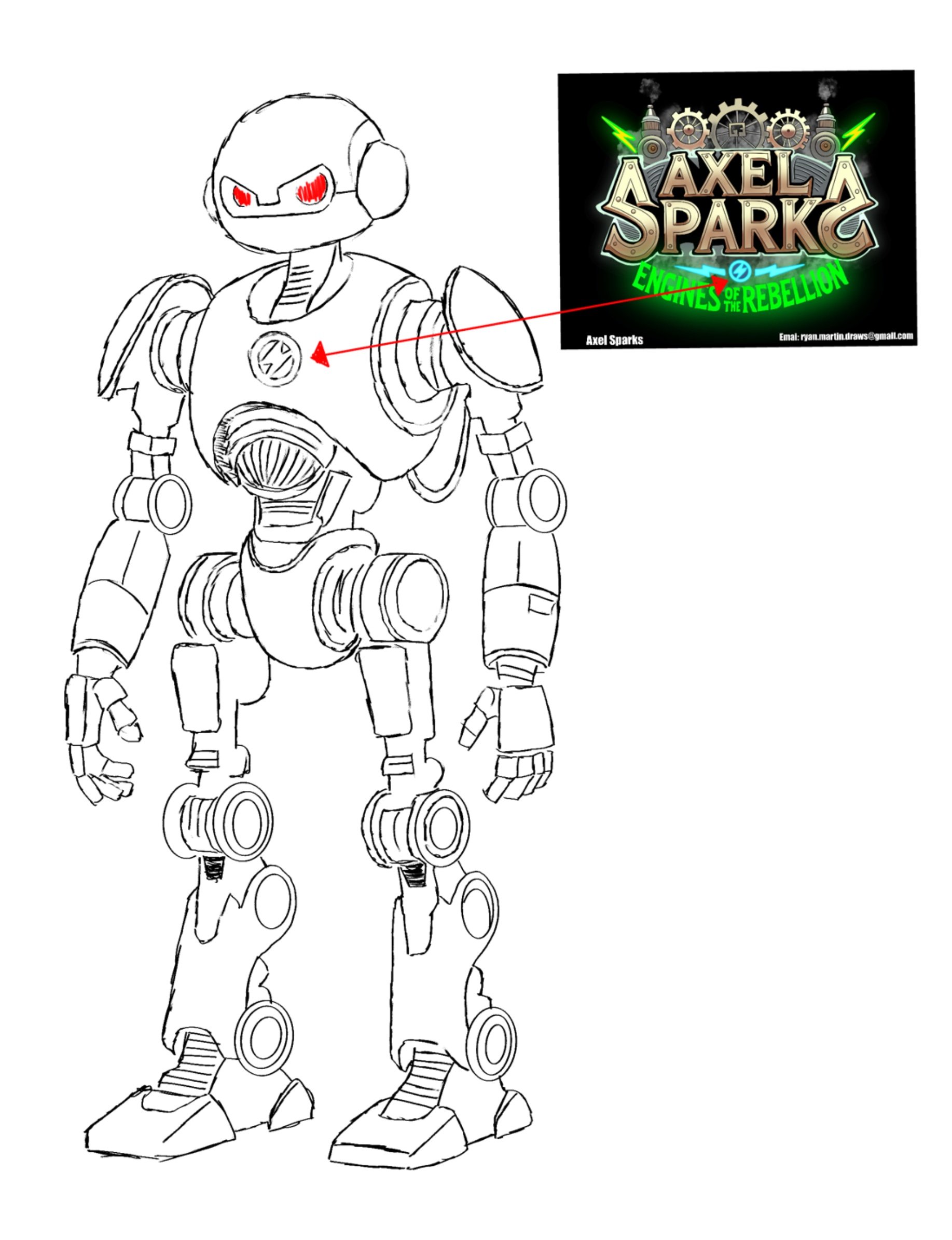 A black-and-white line drawing of a robot with red eyes and a futuristic design, featuring wheels or gear-like elements, alongside a colorful logo for 'Axel Spark' with the tagline 'Engines of the Rebellion'.