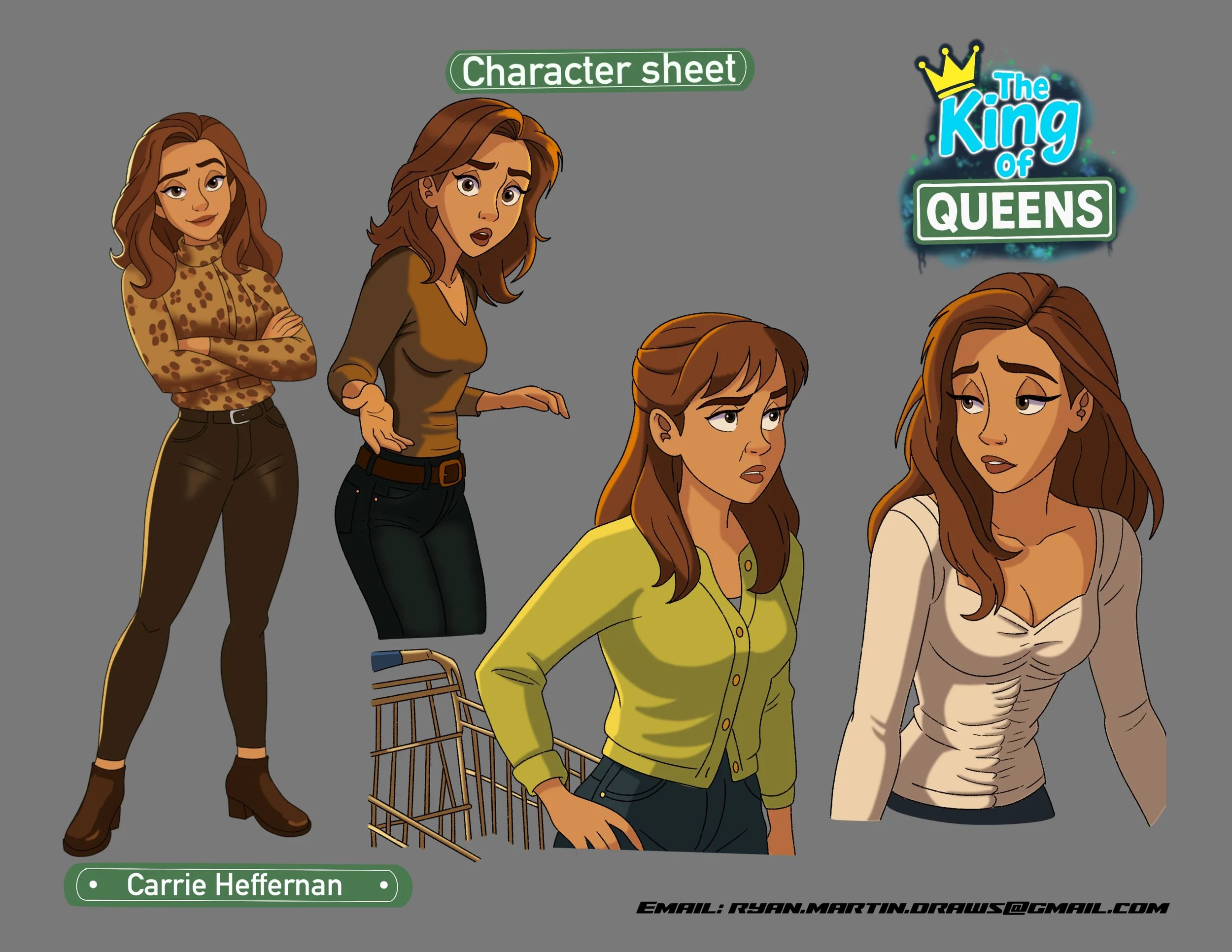 Cartoon illustration of Carrie Heffernan from the TV show 'The King of Queens' with different expressions and poses, including one with arms crossed, one explaining, and one looking concerned. Contains the show's logo and Carrie's name at the bottom.