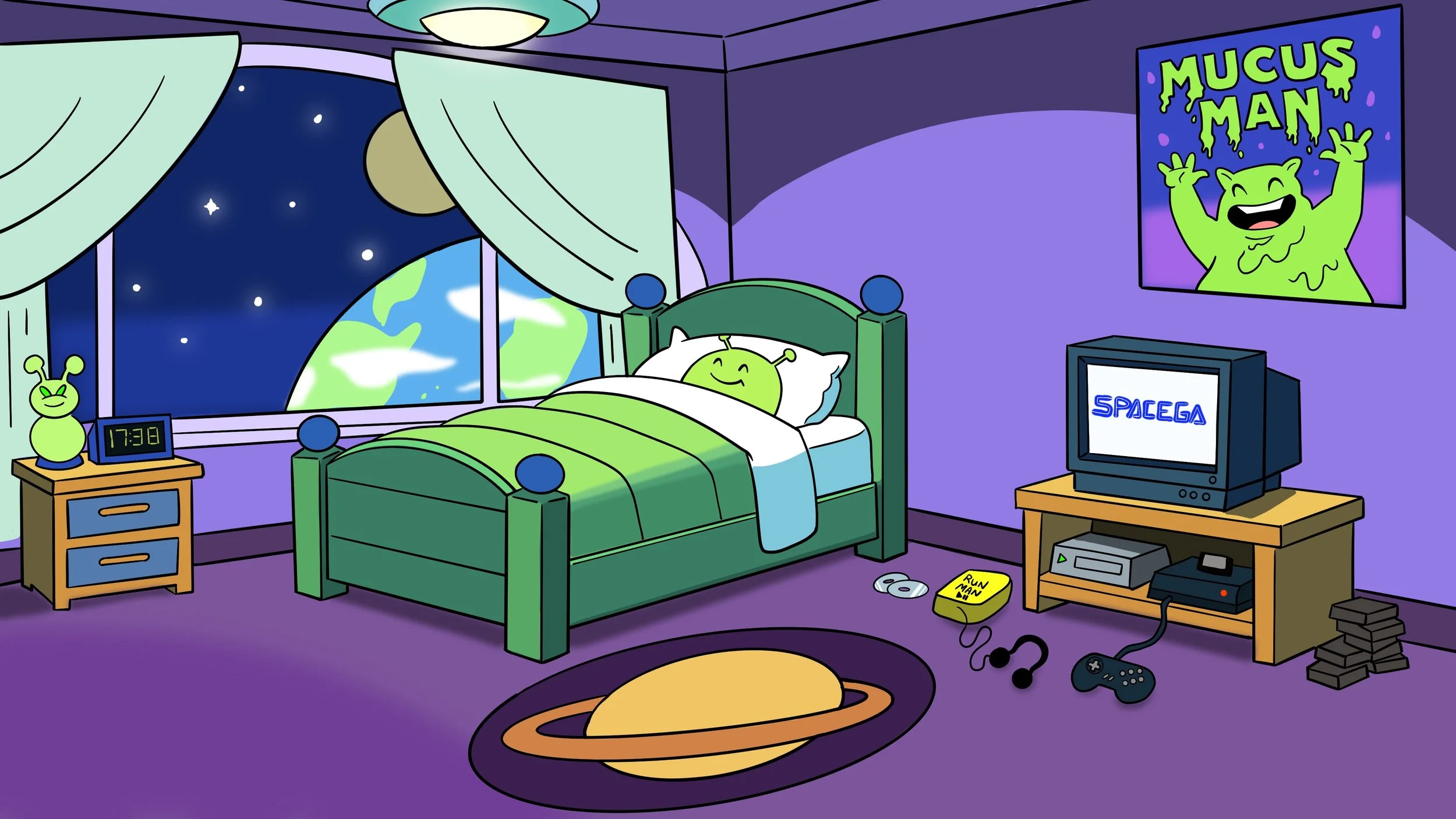 A cartoon bedroom with an alien themed decor, showing an alien character sleeping in a bed. The moon and Earth are visible through the window, and a poster on the wall depicts a green monster with the text "Mucus Man." There is a vintage TV displaying "Spaceg" and gaming consoles, a clock showing 17:38, and other gaming accessories on the floor.
