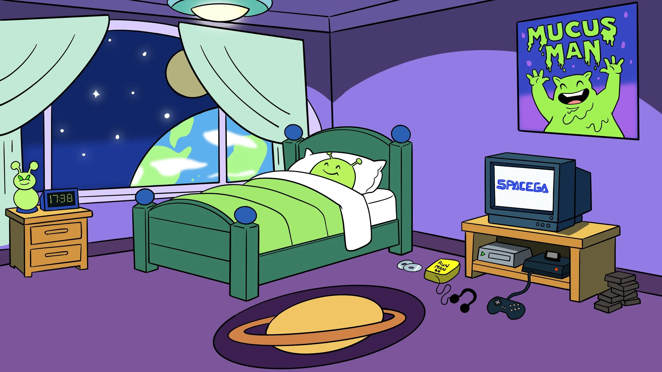 A cartoon bedroom with a space theme, featuring an alien character sleeping in a bed. Outside the window, Earth and the moon are visible in the starry night sky. The room has purple walls, green and purple furniture, and space-themed decorations including a planet-shaped rug and posters. There is a TV showing 'SPACEDA', gaming controllers, a yellow running game box, and a clock reading 17:38.