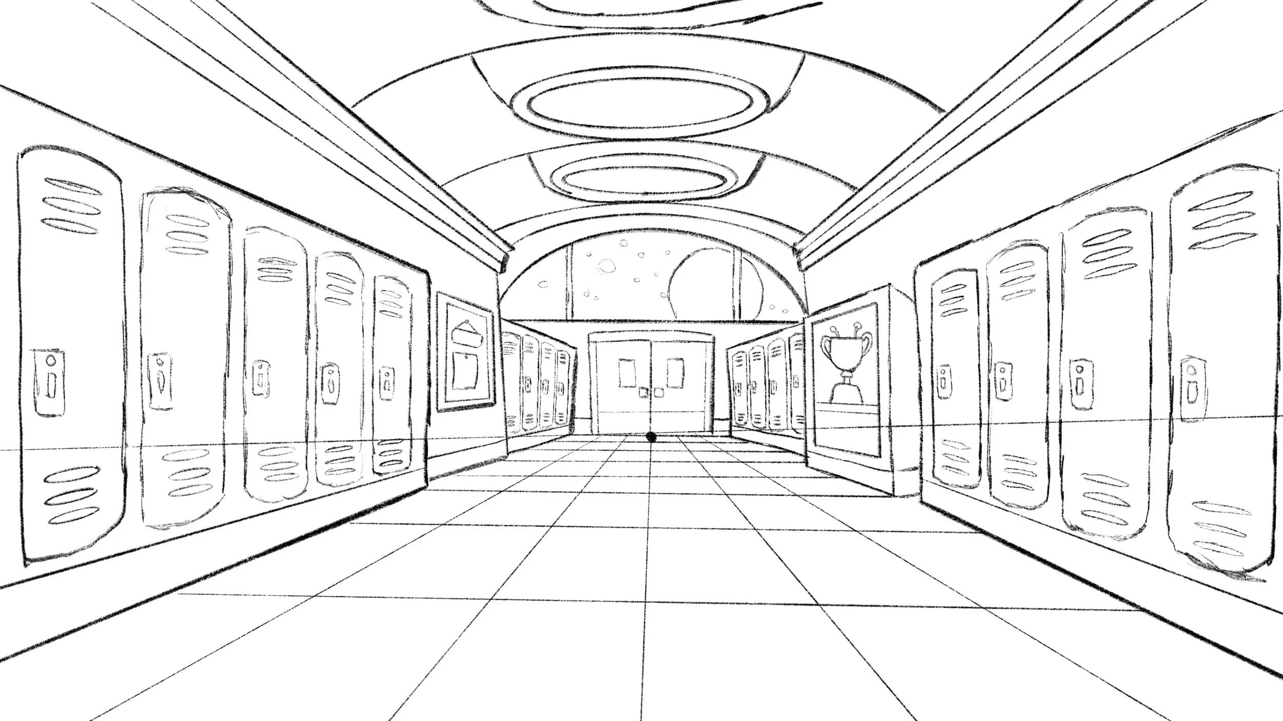 A black and white line drawing of a school hallway with lockers on both sides, a trophy display case, artwork on the walls, and double doors at the end of the hall with a large circular window above.