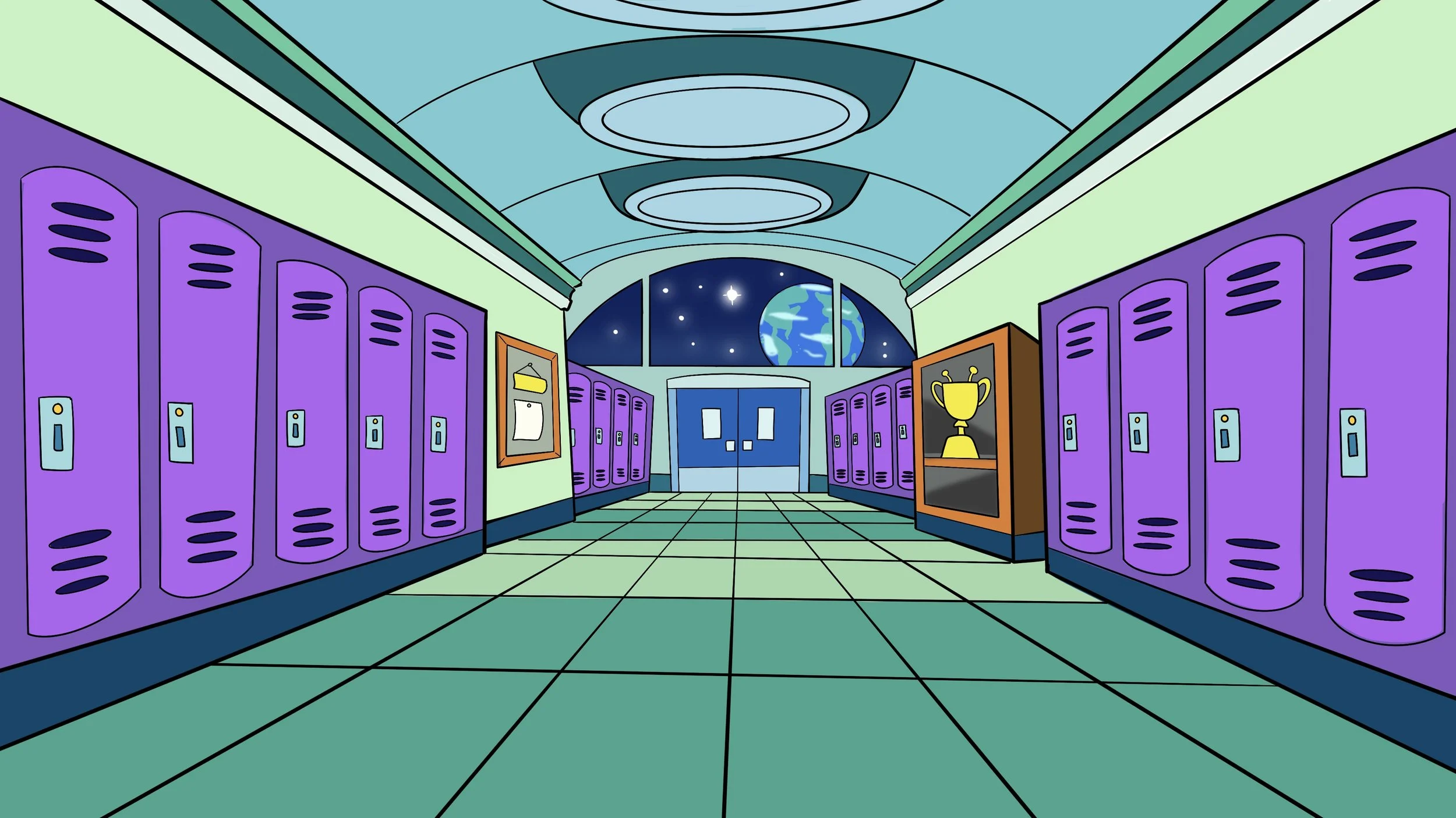 A cartoon-style school hallway with purple lockers on both sides, a tiled green floor, and space-themed windows showing Earth and stars. There are framed pictures and a trophy display case on the walls, with a set of double doors at the end of the hallway.
