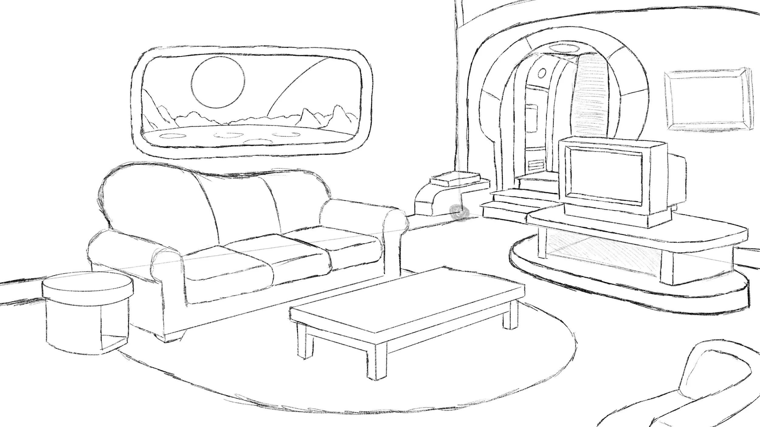 A sketch of a living room with a sofa, a coffee table, a TV on a stand, a side table, a step leading to a door, a framed picture, and a large window with a view of mountains and a sun.