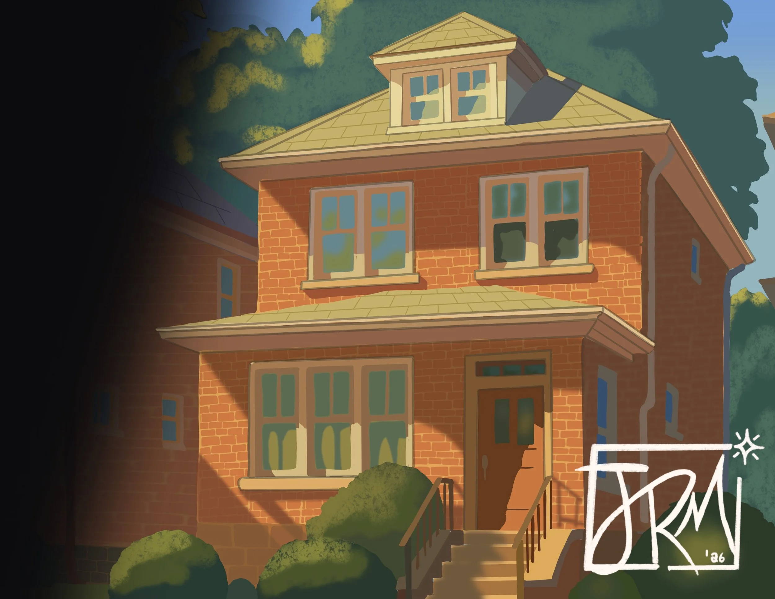 Illustration of a three-story brick house with a yellow tiled roof, surrounded by bushes, with trees in the background. The house has several large windows and a front door accessed by a small set of stairs. Sunlight casts shadows on the house.