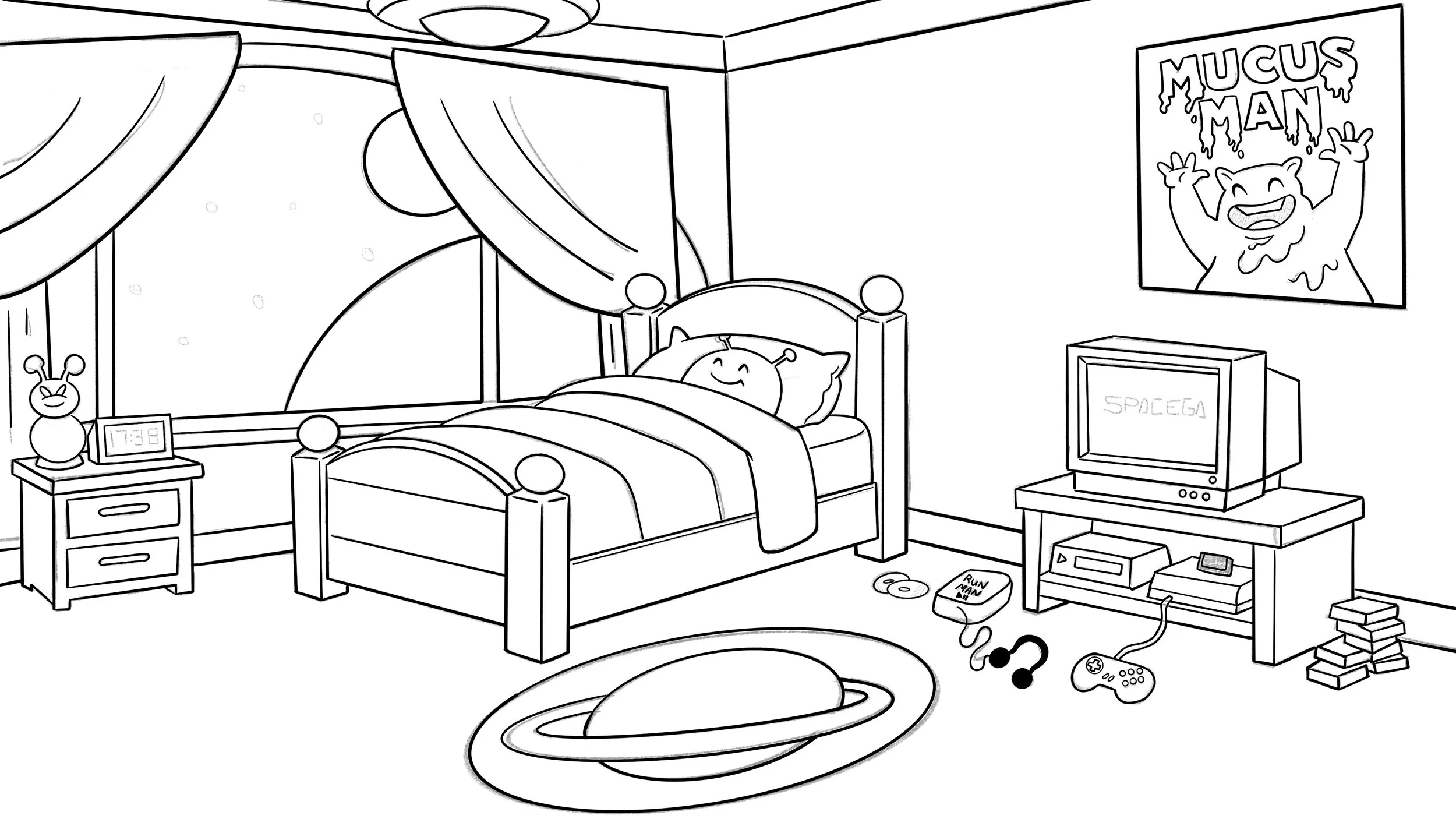 A child's bedroom with a bed, nightstand, and a television. The bed has a happy face pillow and a blanket. There are curtains, a window showing the moon, and a space-themed rug. The wall has a poster of a character called 'Mucus Man,' and the nightstand has a clock. On the floor are an open game box labeled 'Run Man,' and some gaming controllers. The television displays the game title 'Spicega,' and there are stacks of books nearby.