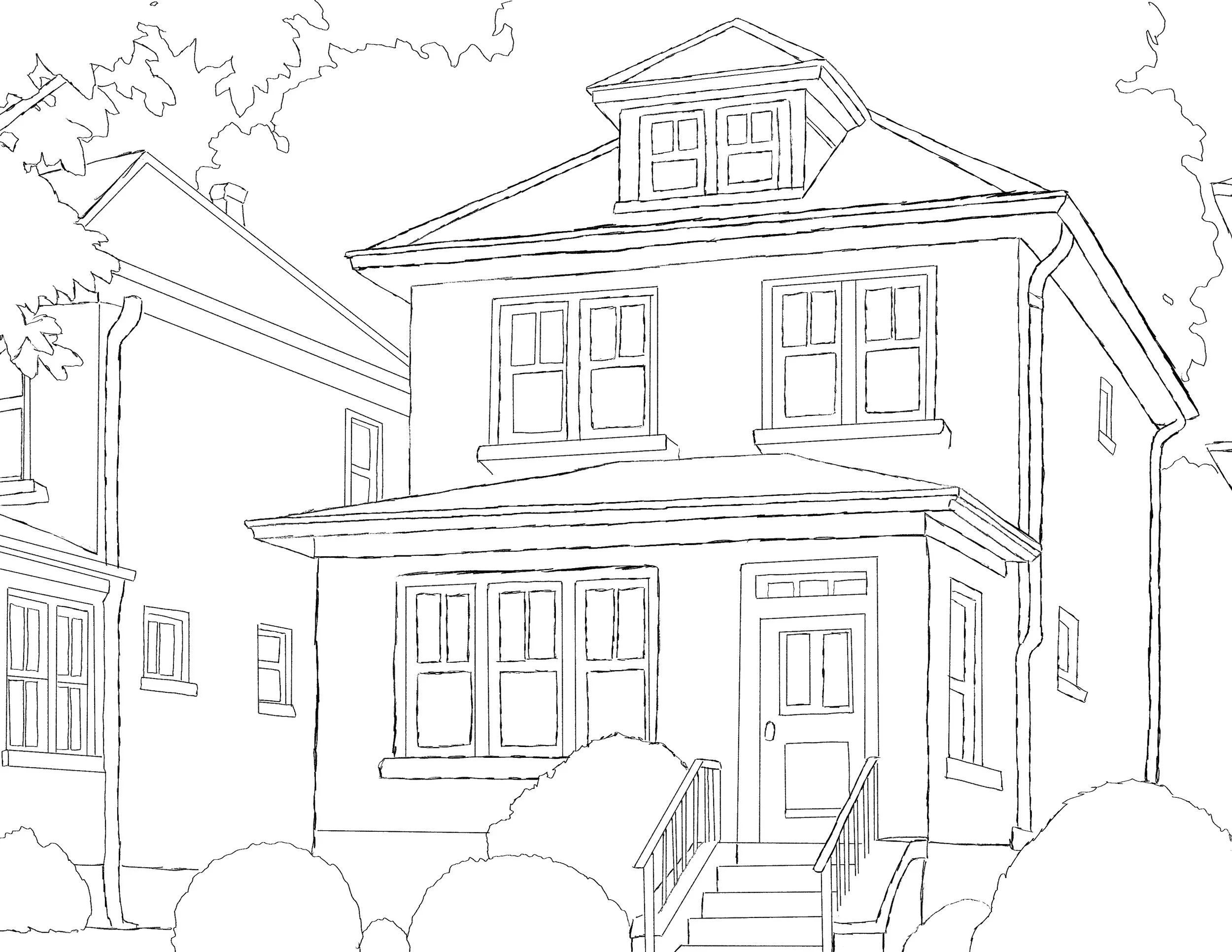 Line drawing of a two-story house with a covered porch, multiple windows, a front door with stairs, and bushes in front.