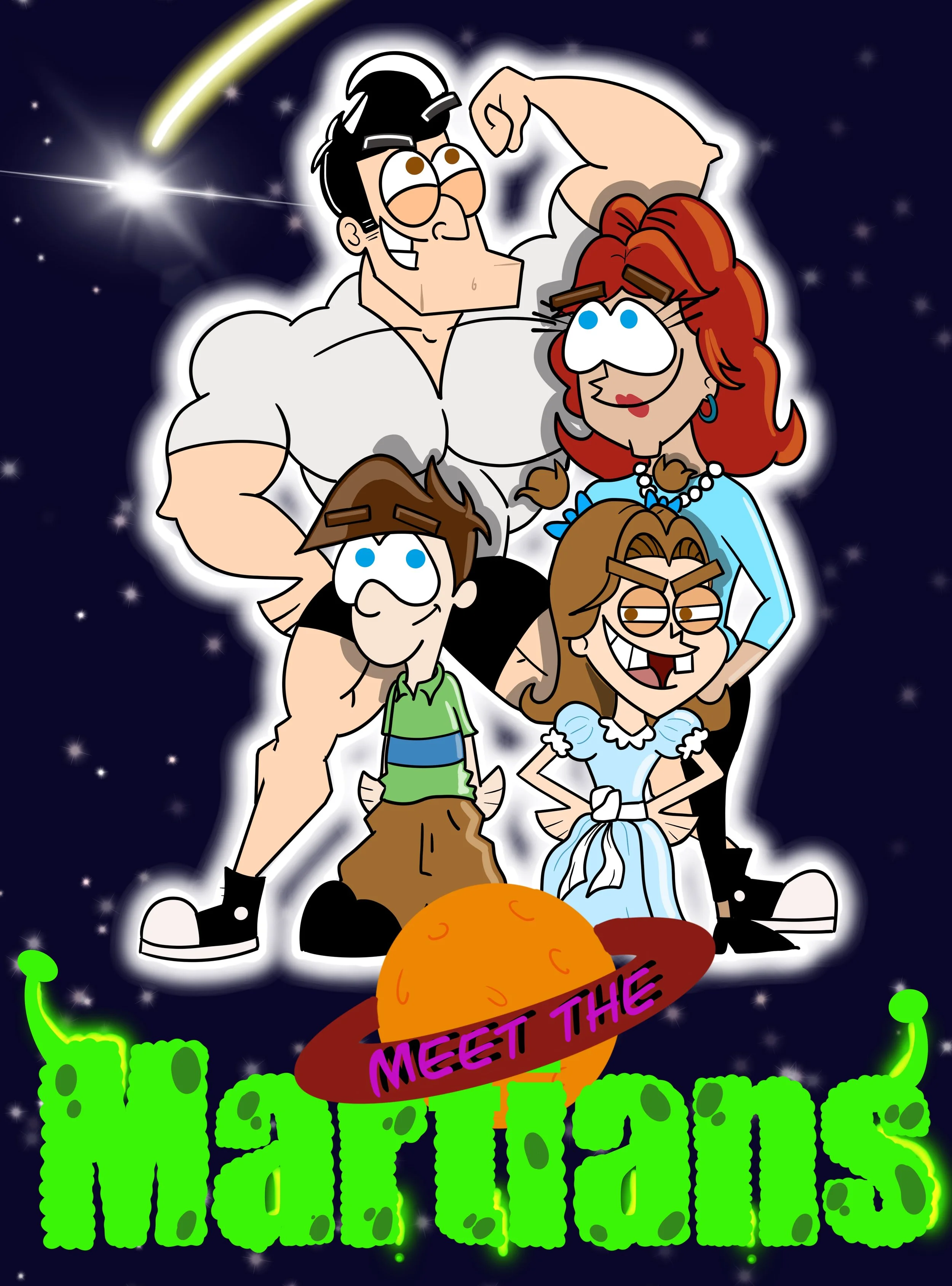 Cartoon characters from The Flintstones in space with a space background, featuring a large orange planet with a pink banner reading 'Meet the Martians' and the title 'The Martians' in bright green letters.