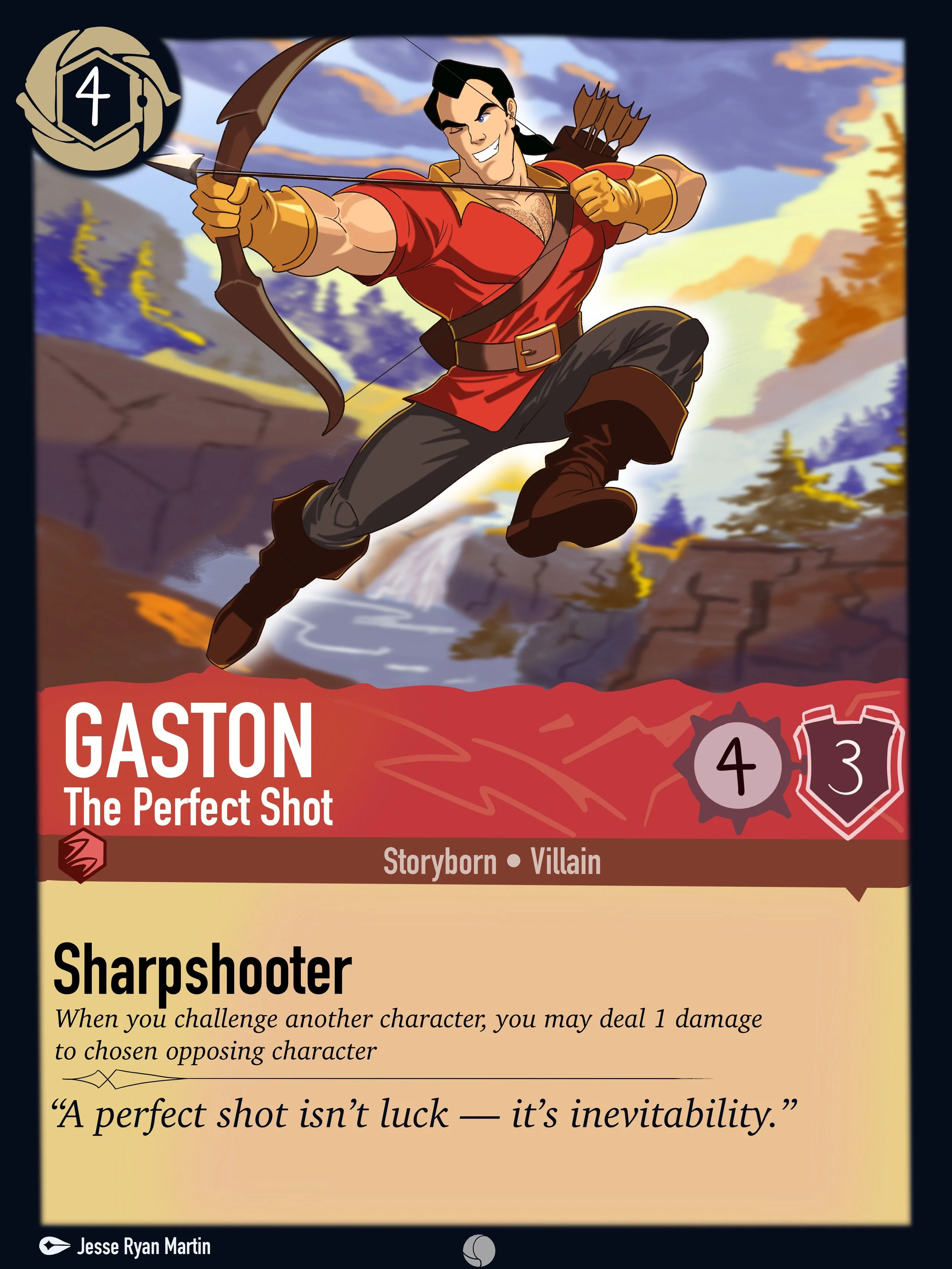 A fantasy-style illustrated character of an elf archer in a red tunic, black pants, and brown boots, drawing a bow in a mountainous landscape with waterfalls and colorful clouds.